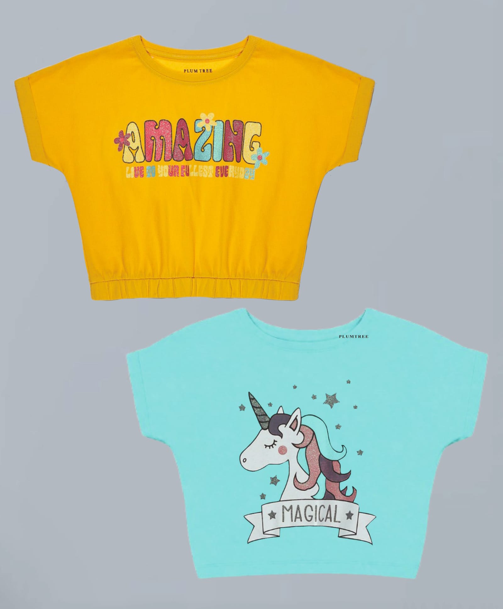 Plum Tree 100% Cotton Knit Pack Of 2 Half Sleeves Unicorn & Amazing Text Printed Crop Tops - Aqua & Yellow-picture-21