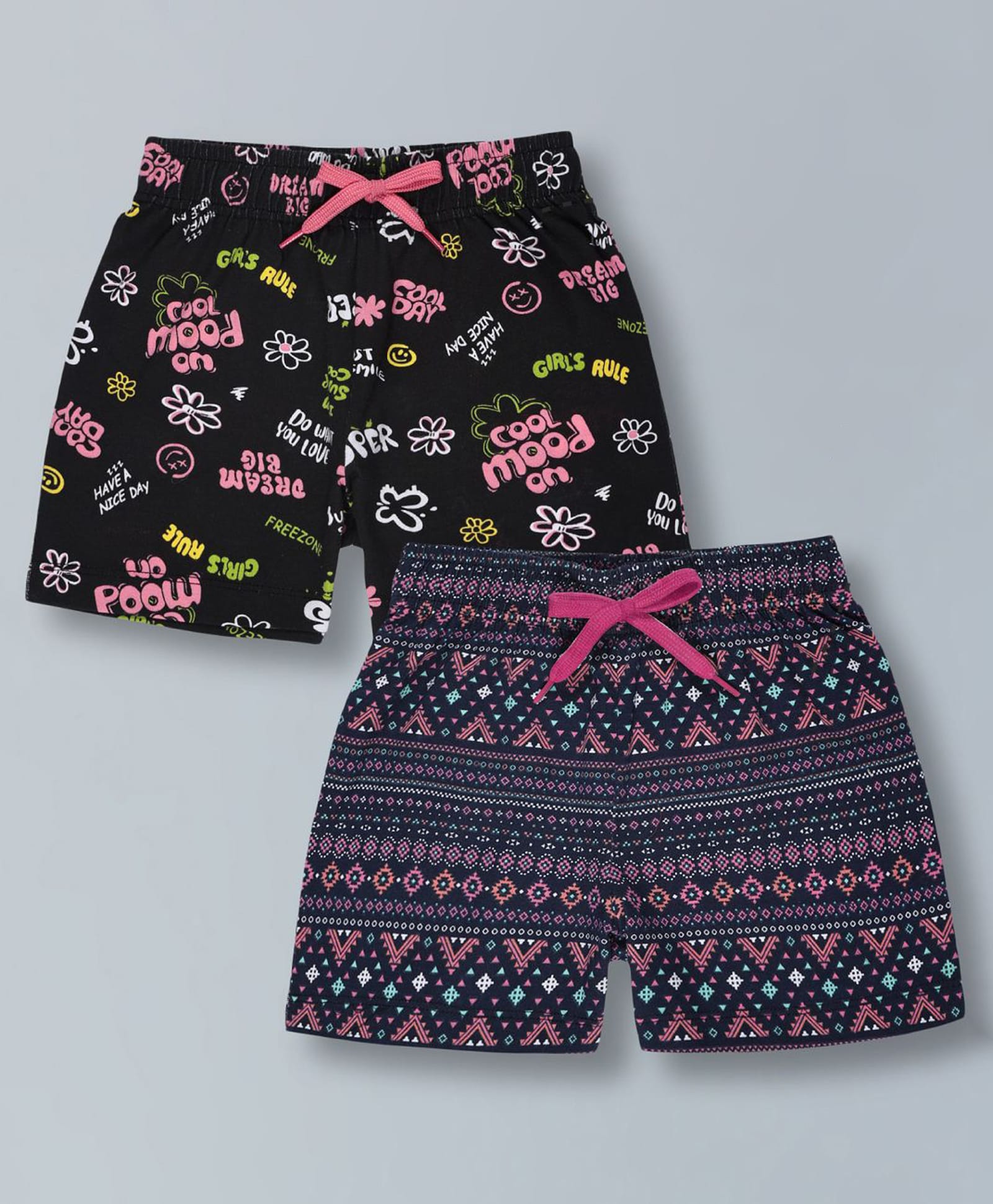Plum Tree 100% Cotton Knit Pack Of 2 Typography & Abstract Printed Shorts - Black & Navy Blue-picture-12
