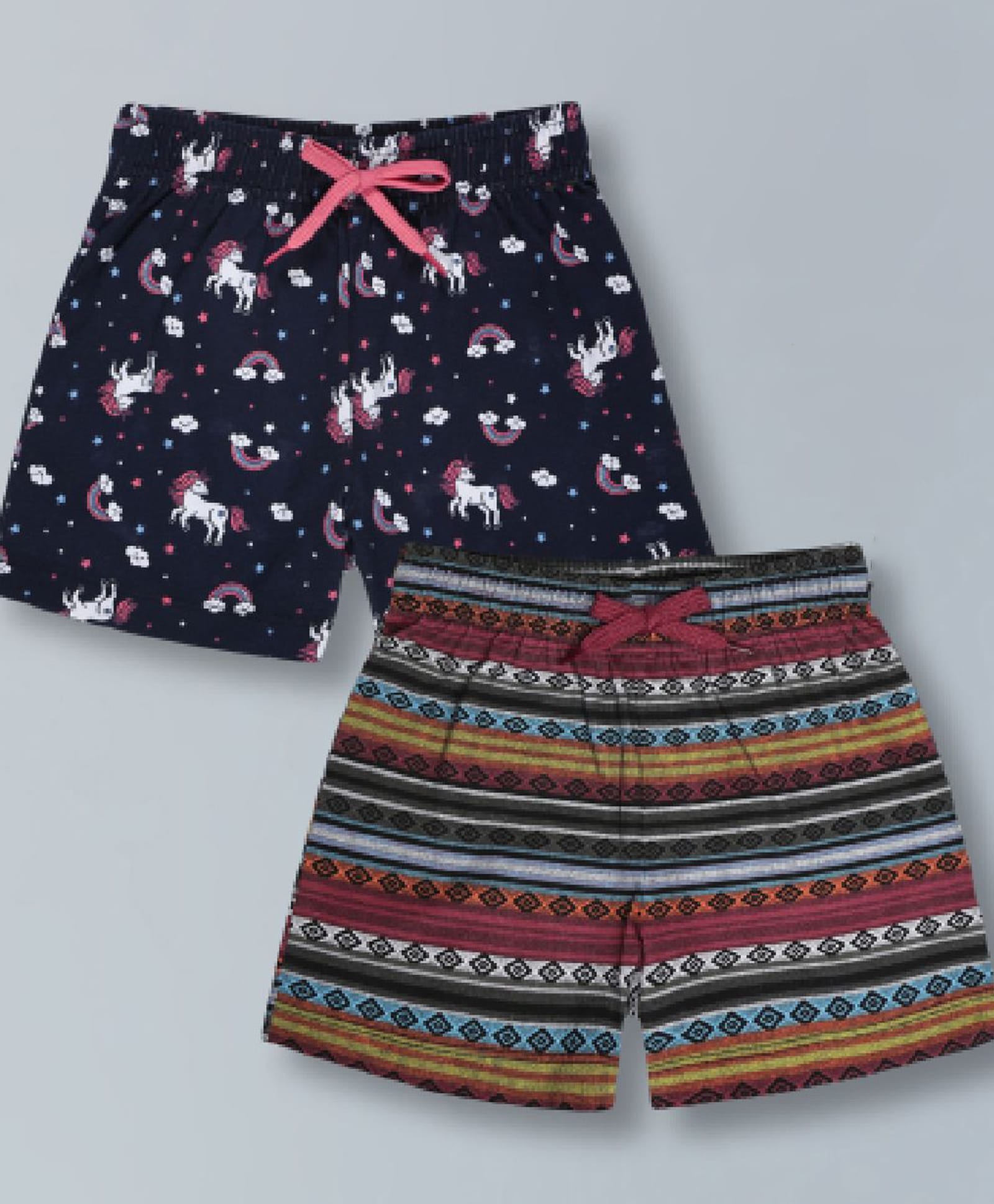 Plum Tree 100% Cotton Knit Pack Of 2 Unicorn & Abstract Printed Shorts - Navy Blue & Multi Colour