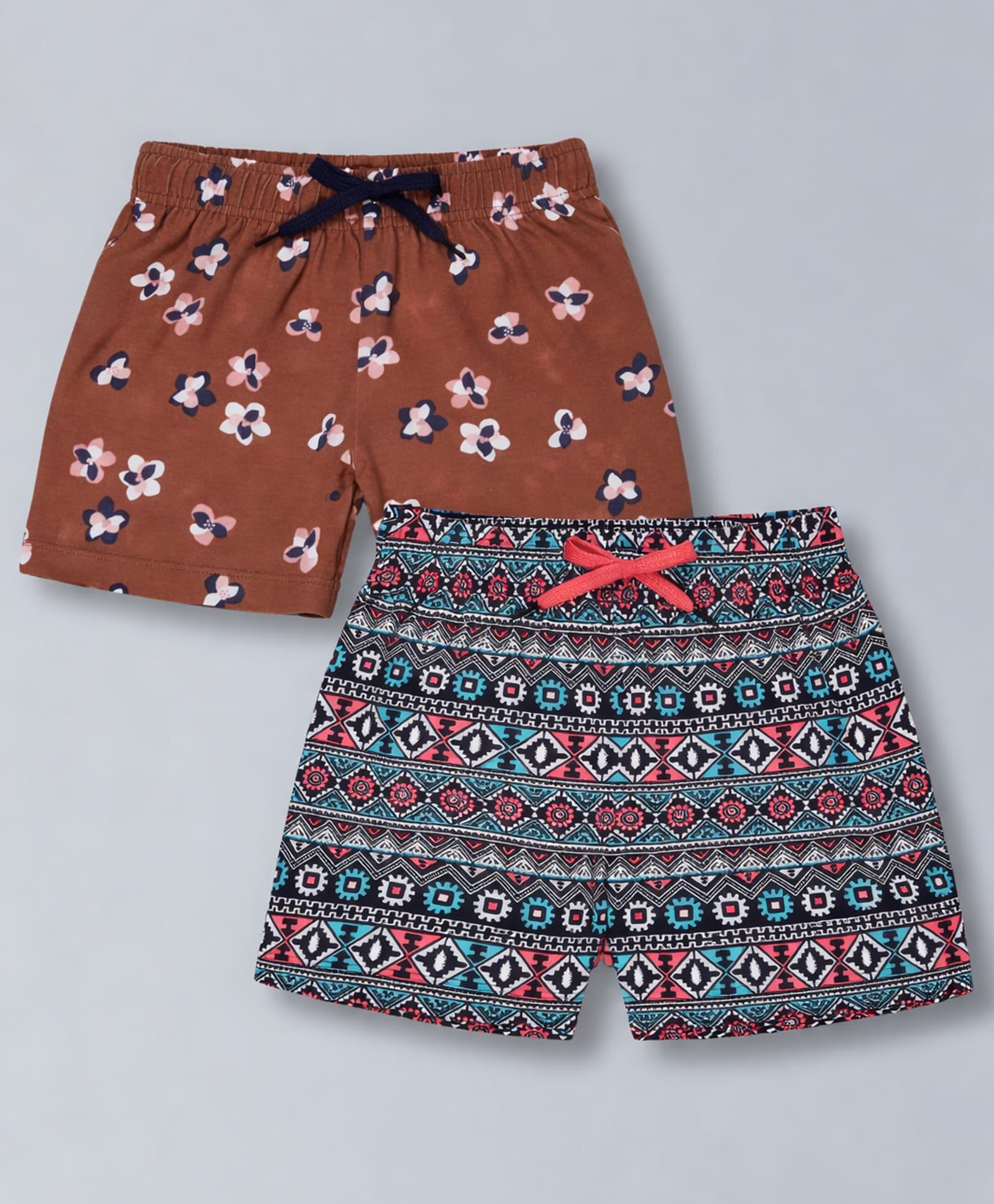 Plum Tree 100% Cotton Knit Pack Of 2 Floral & Abstract Printed Shorts - Brown & Multi Colour-picture-20