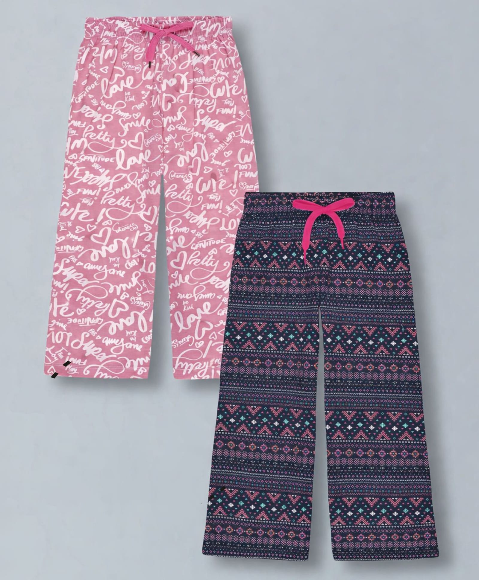 Plum Tree 100% Cotton Knit Pack Of 2 Typography & Abstract Printed Wide Leg Pants - Black & Pink
