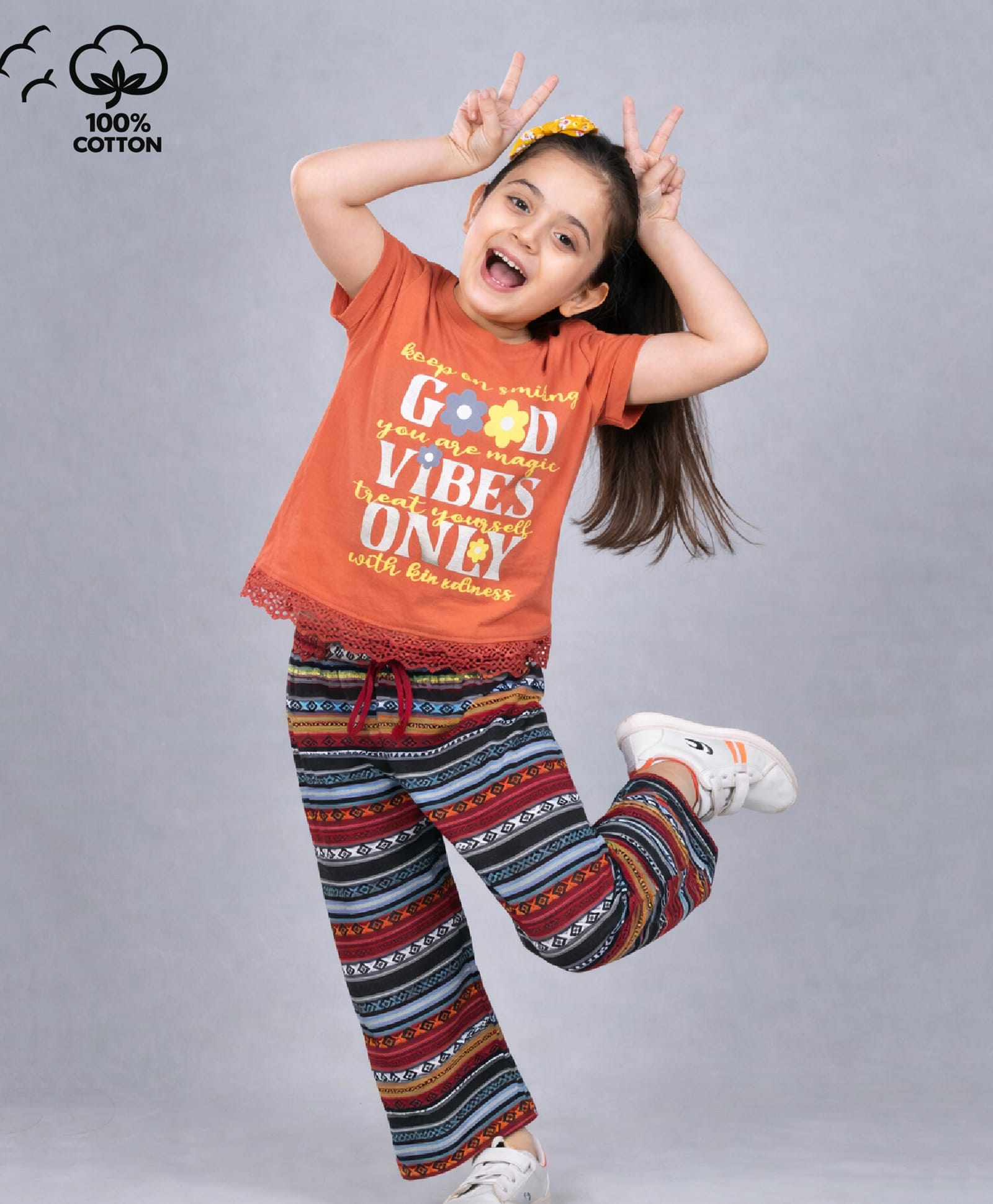 Plum Tree 100% Cotton Knit Gillter Embellished Good Vibes Only Text Printed Top & Pants Set - Orange & Multi Colour-picture-25
