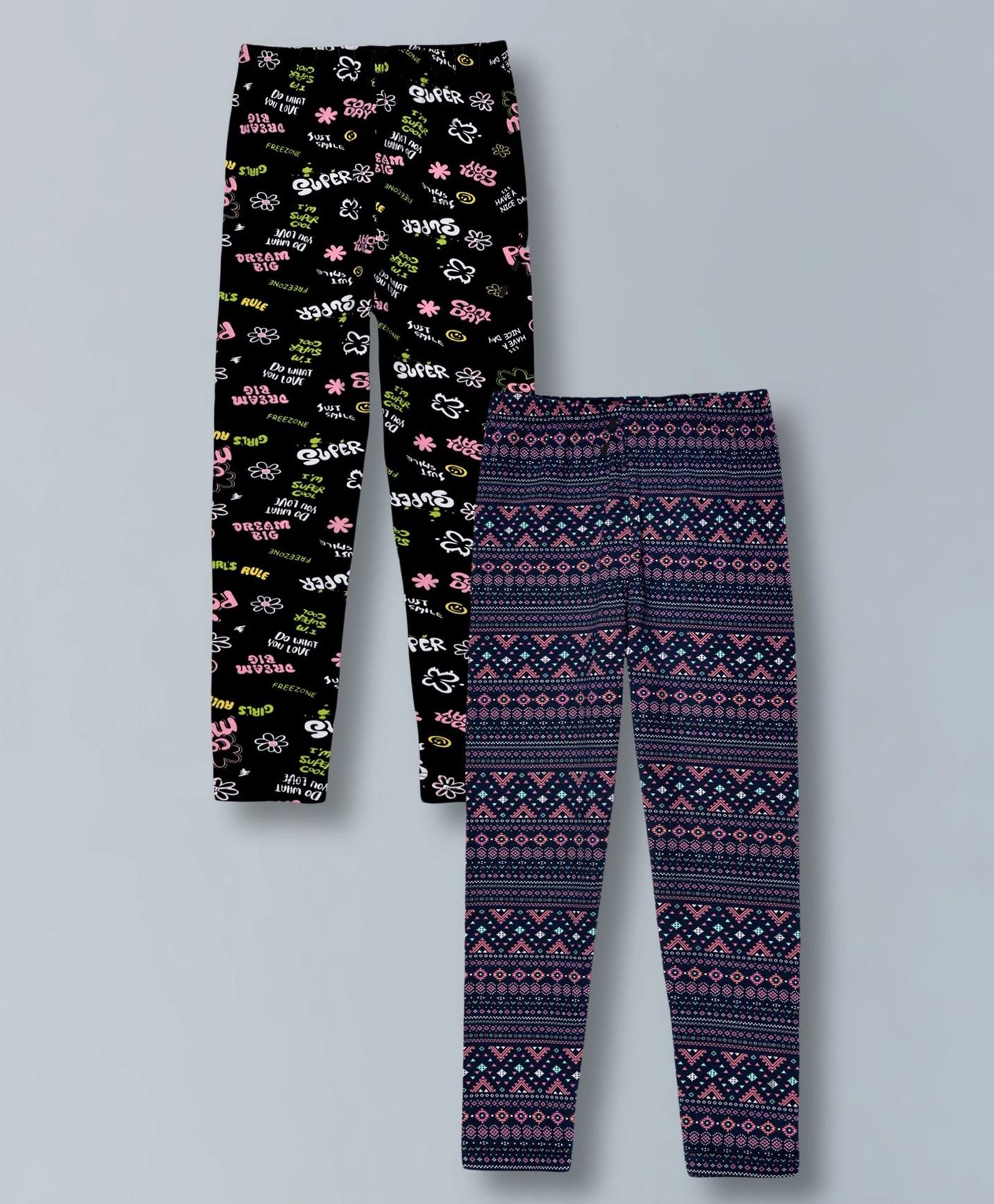 Plum Tree Cotton Lycra Knit Pack Of 2 Super Text & Abstract Printed Leggings - Black & Multi Colour-image-15