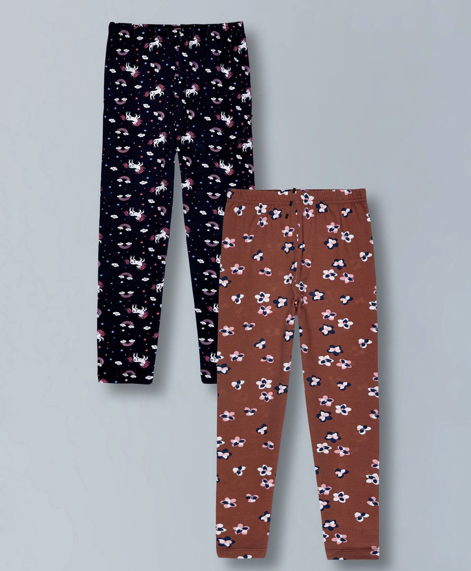 Plum Tree Cotton Lycra Knit Pack Of 2 Unicorn & Floral Printed Leggings - Brown & Navy Blue-picture-37