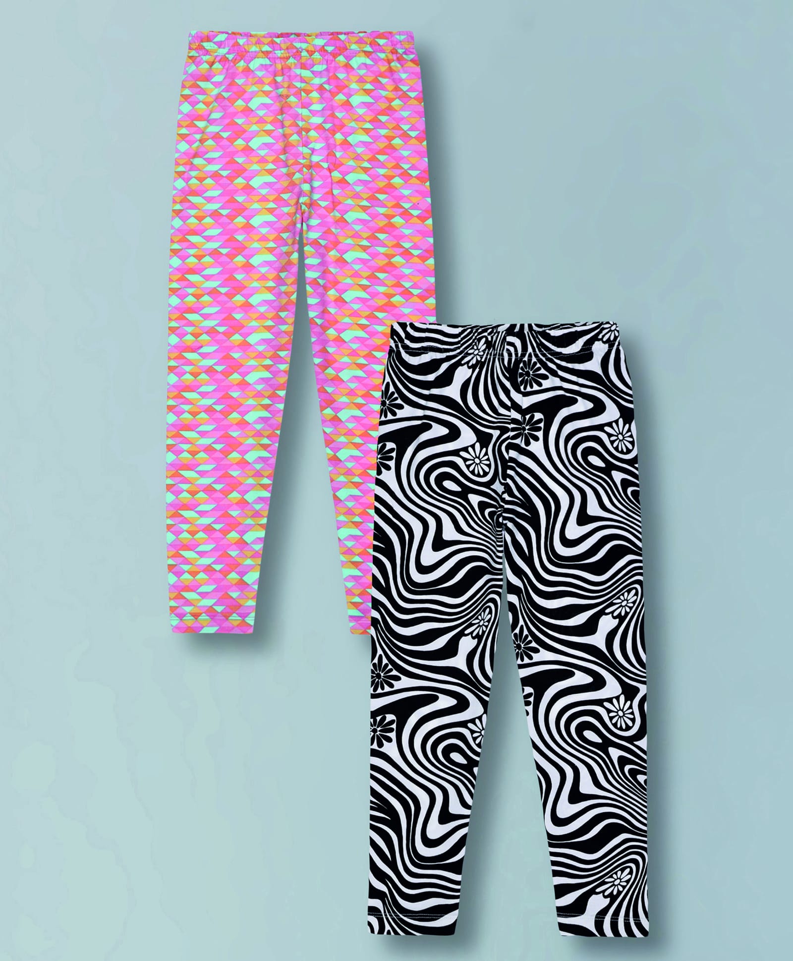 Plum Tree Cotton Lycra Knit Pack Of 2 Waves & Geometric Printed Leggings - Pink & Black-picture-12