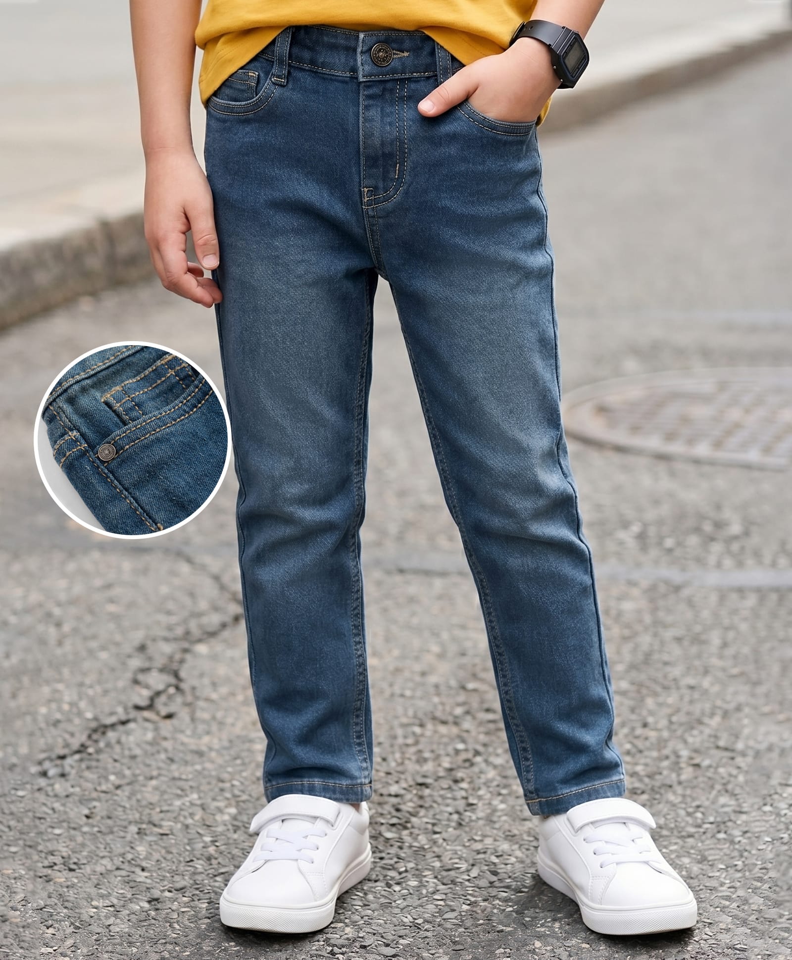 kookie kids india Kookie Kids Woven Full Length Solid Denim Jeans - Blue-picture-13