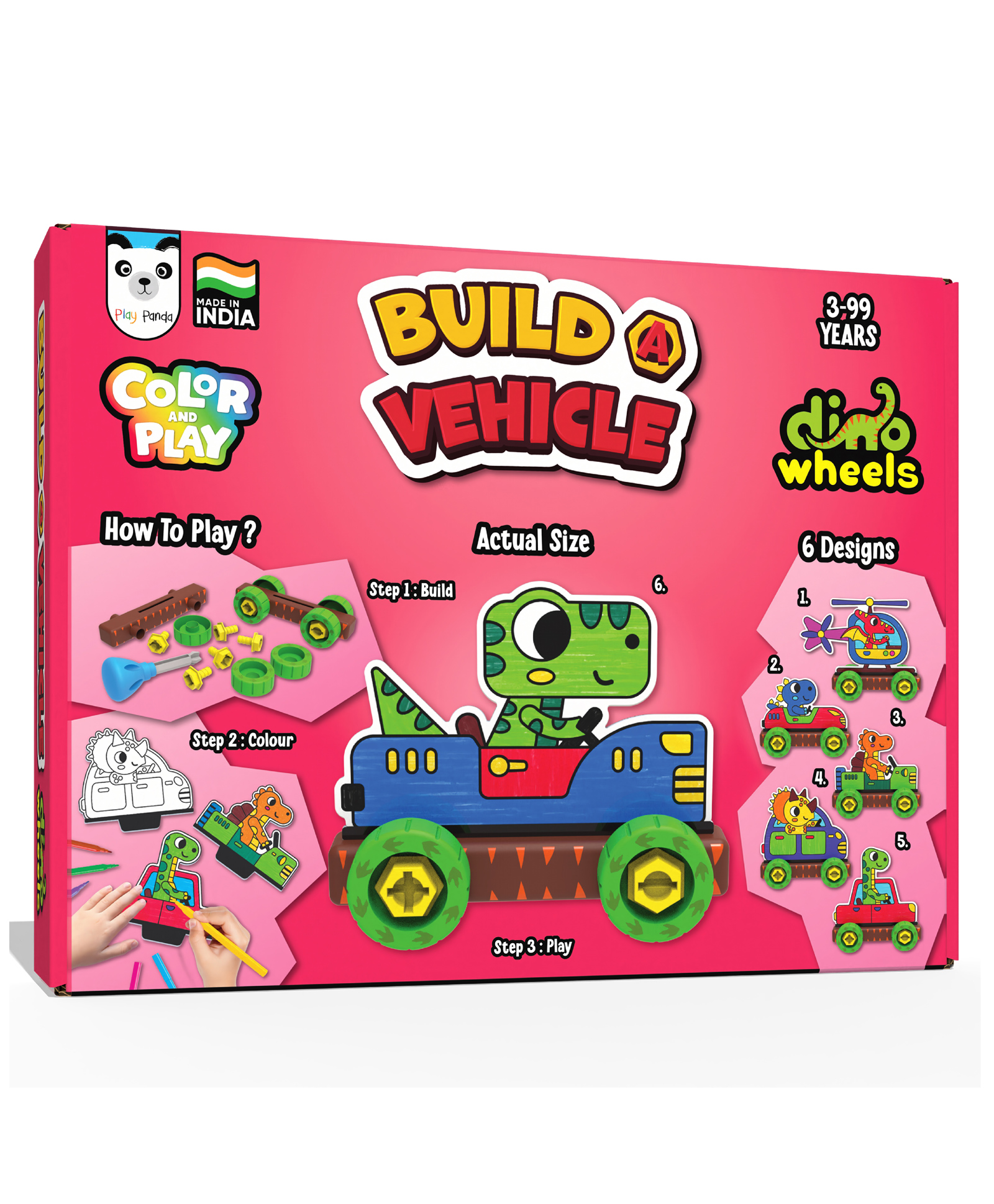 Play Panda Build A Vehicle Colour & Play Dino Wheels 21 Plastic Parts, 12 Sketch Pens & 6 Vehicle Designs - Multicolor-image-29