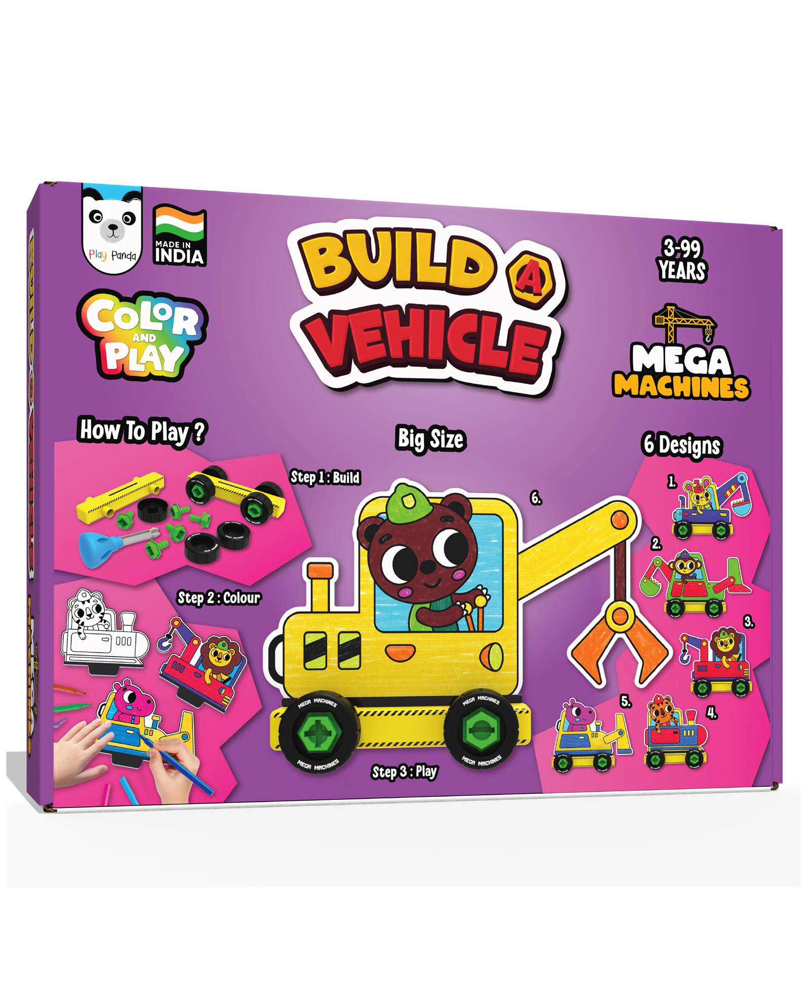 Play Panda Build A Vehicle Colour & Play Mega Machines 21 Plastic Parts, 12 Sketch Pens & 6 Vehicle Designs - Multicolor-image-34