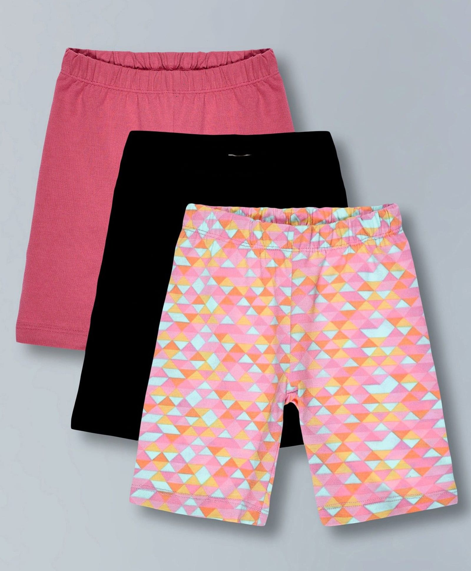 Plum Tree Cotton Lycra Knit Pack Of 3 Solid & Geometric Printed Cycling Shorts - Pink Black & Multi Colour-picture-20
