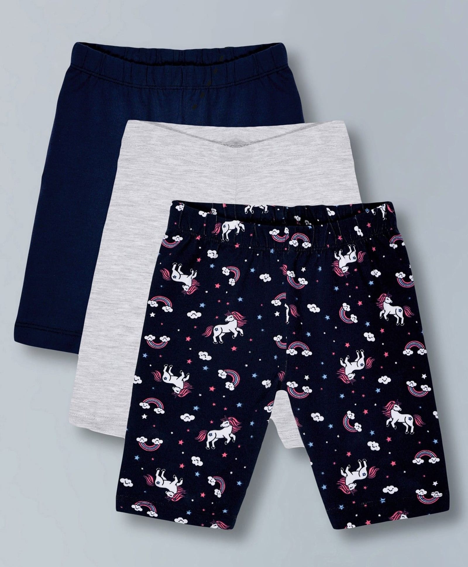 Plum Tree Cotton Lycra Knit Pack Of 3 Solid & Unicorn Printed Cycling Shorts - Dark Blue Navy & Melange-picture-25