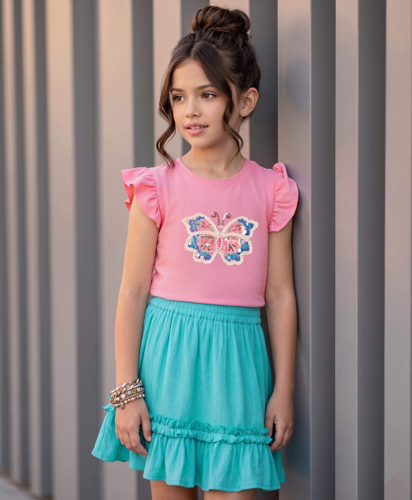 OLLINGTON ST. Sinker Knit Half Sleeves Top & Viscose Skirt Set With Butterfly Sequin Embellishment - Pink & Blue-image-30