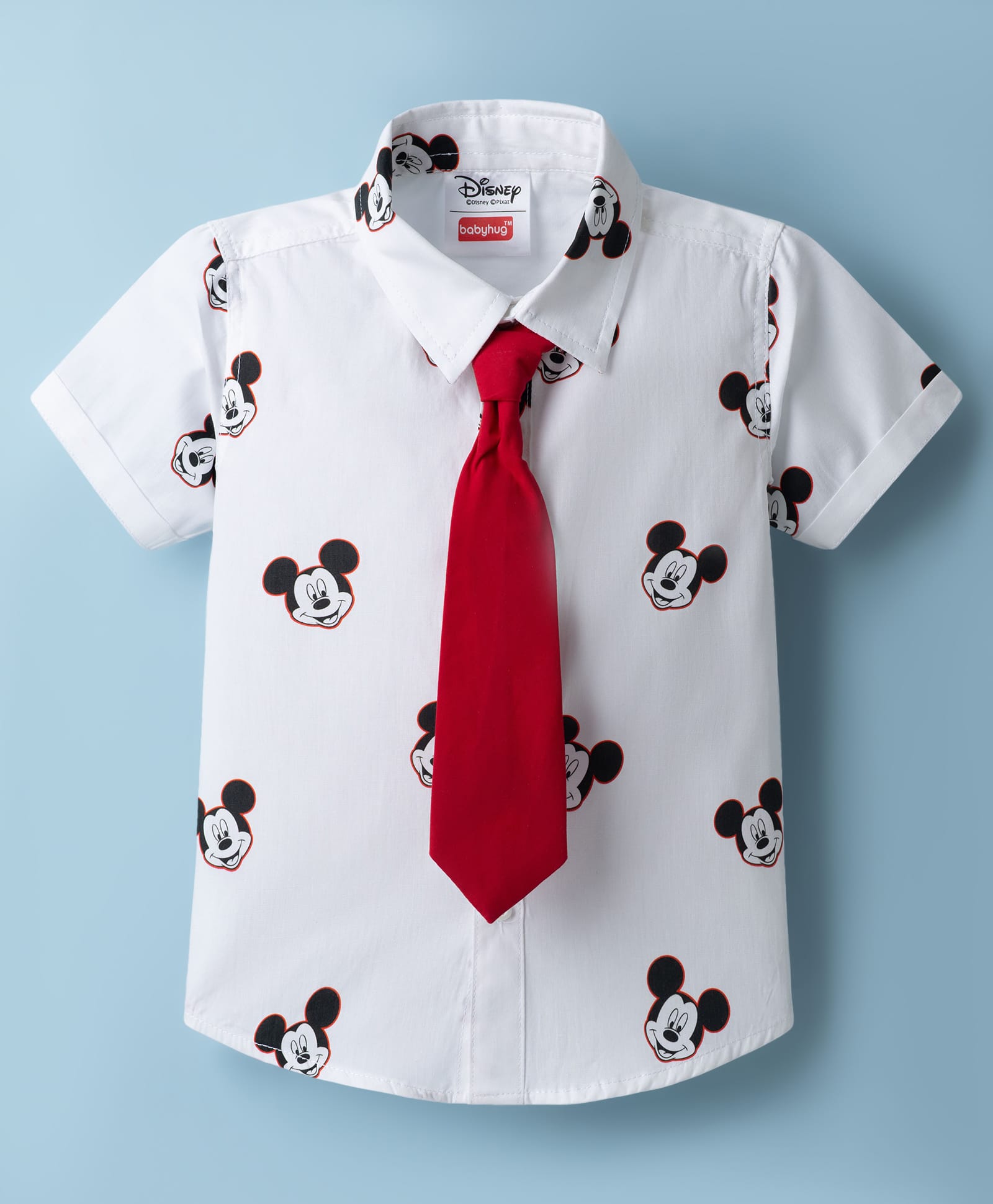 Babyhug Disney Cotton Woven Half Sleeves Shirt With Micky Mouse Graphics & Tie - White-picture-17