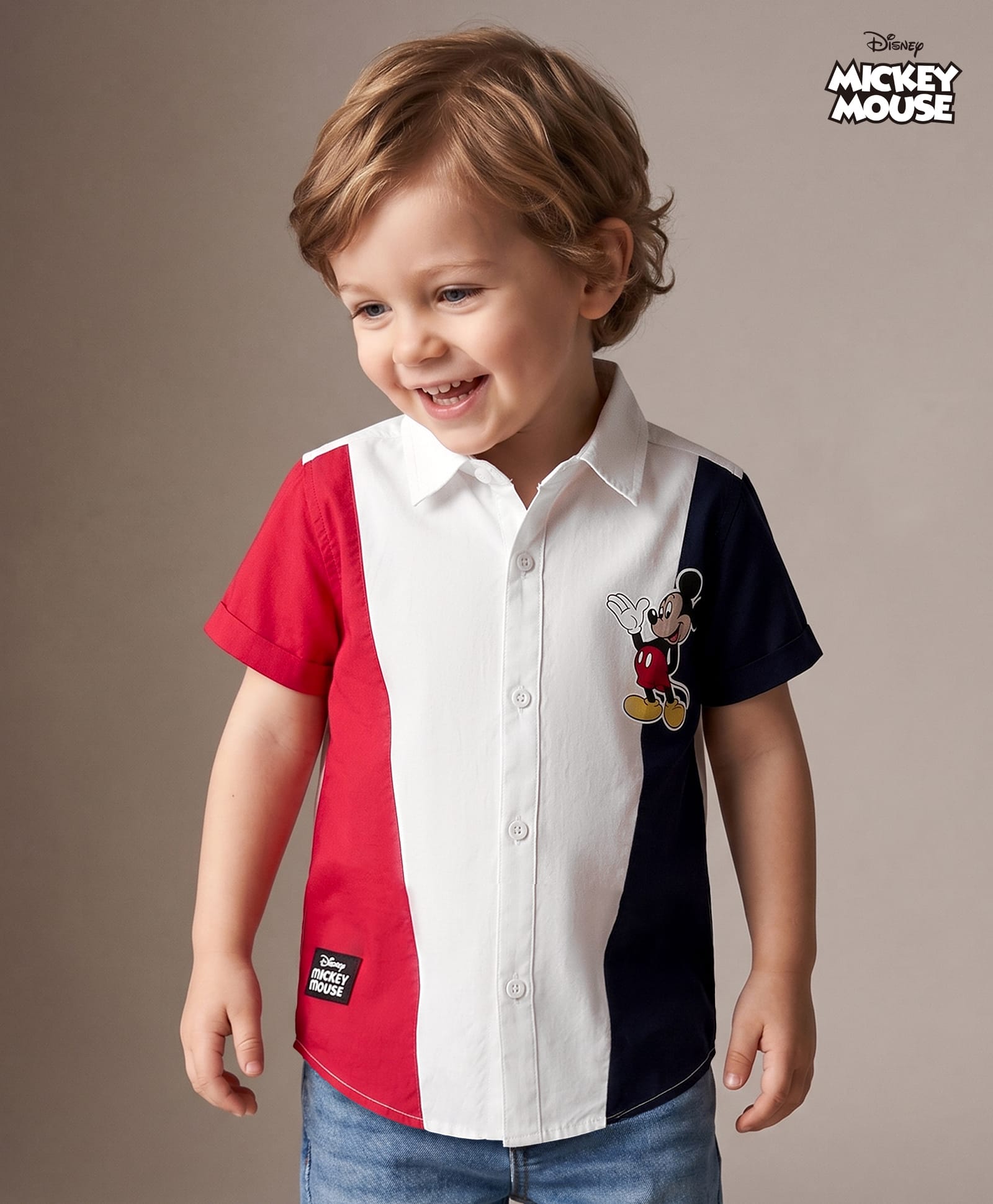 Babyhug Disney 100% Cotton Woven Half Sleeves Cut N Sew Shirt With Mickey Mouse Graphic - Red & White-image-40
