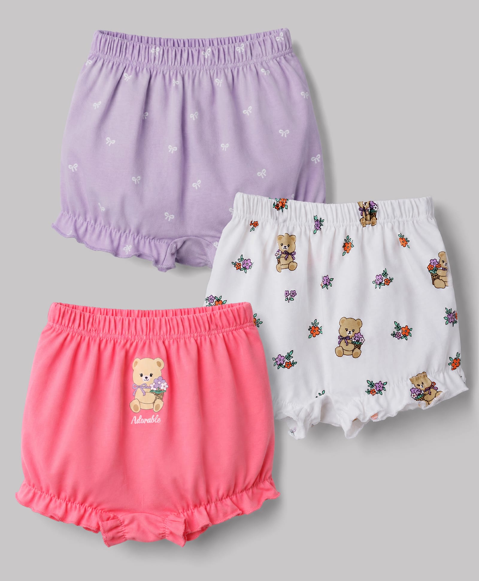 Babyhug Single Jersey Knit Bear Printed Bloomers Pack of 3 - Mauve & White-image-22