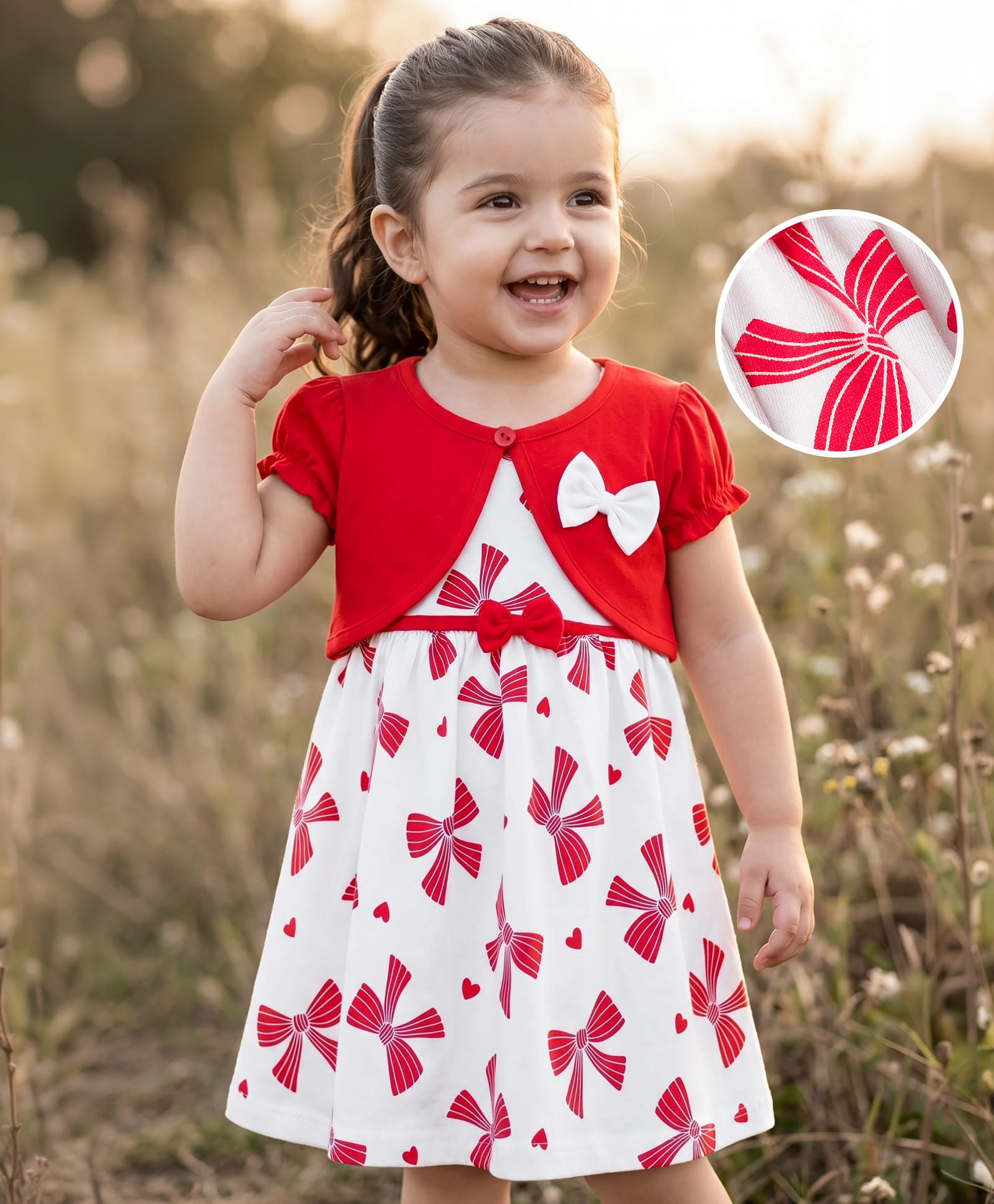 Babyhug Single Jersey Knit Half Sleeves Bow Print & Applique Frock With Shrug - White-image-47