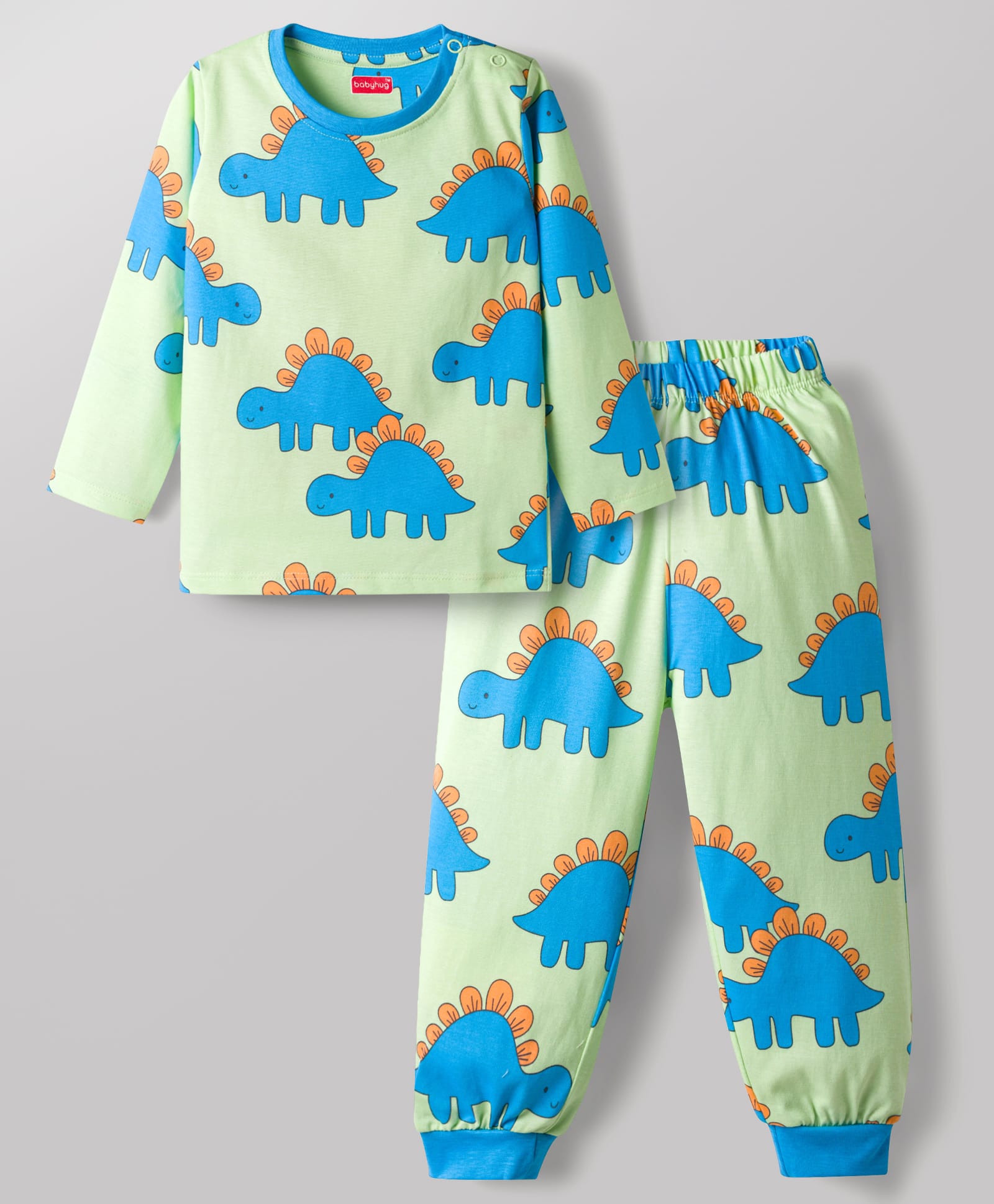 Babyhug Cotton Knit Full Sleeves Dino Printed Co-Ords T-Shirt & Pyjama Night Suit - Light Green