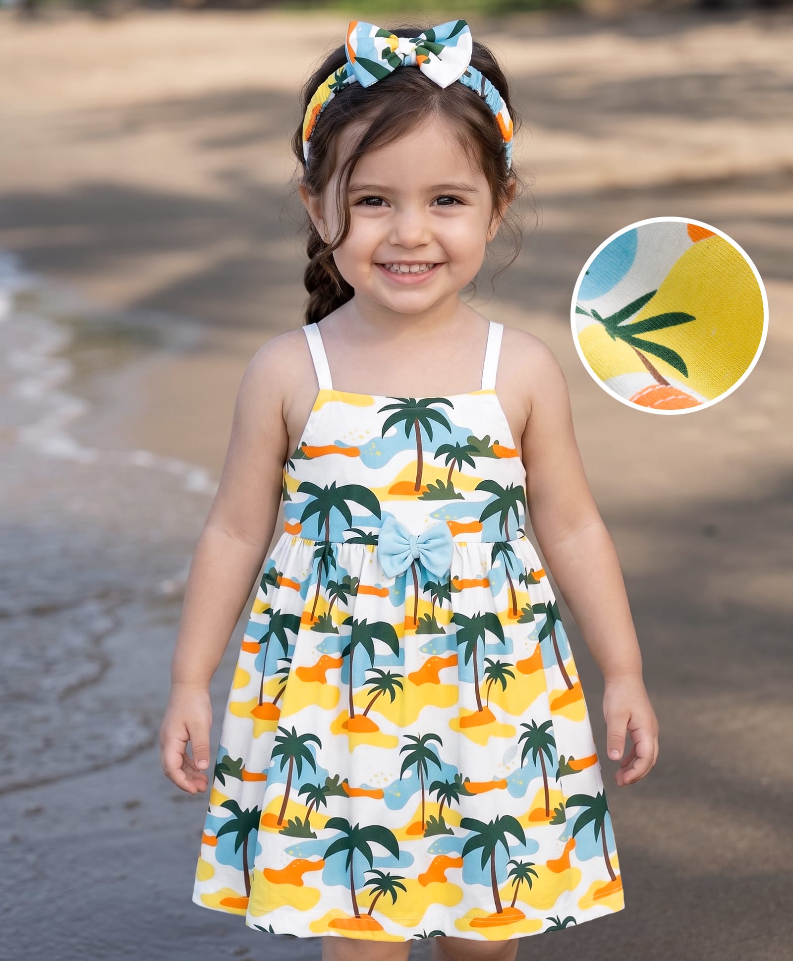Babyhug Single Jersey Knit Sleeveless Beach Theme Printed Frock With Bow Applique & Headband - White-picture-14