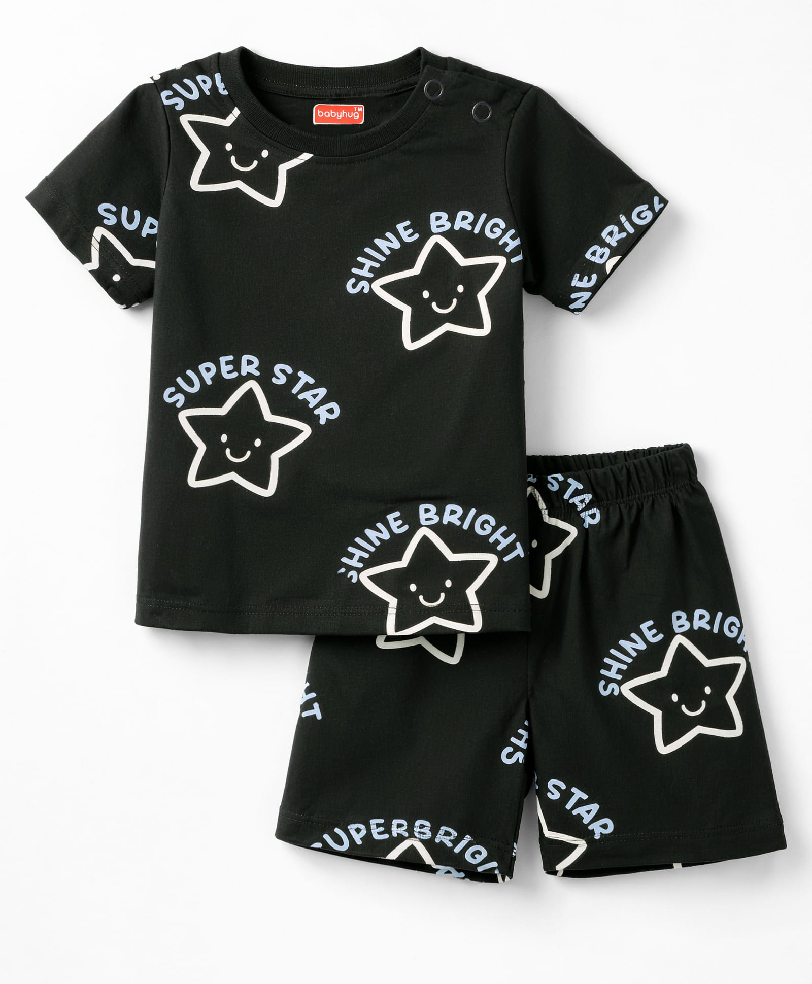 Babyhug Cotton Knit Half Sleeves Co-Ord T-Shirt & Shorts Night-Suit With Star Print - Charcoal Grey-image-38