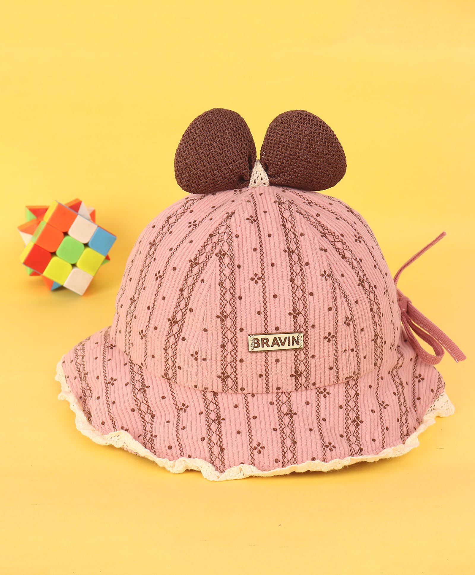 Kidofash Cotton Knit Bow Applique & Lace Detailed Hat - Pink - Circumference 36 Cm-image-43