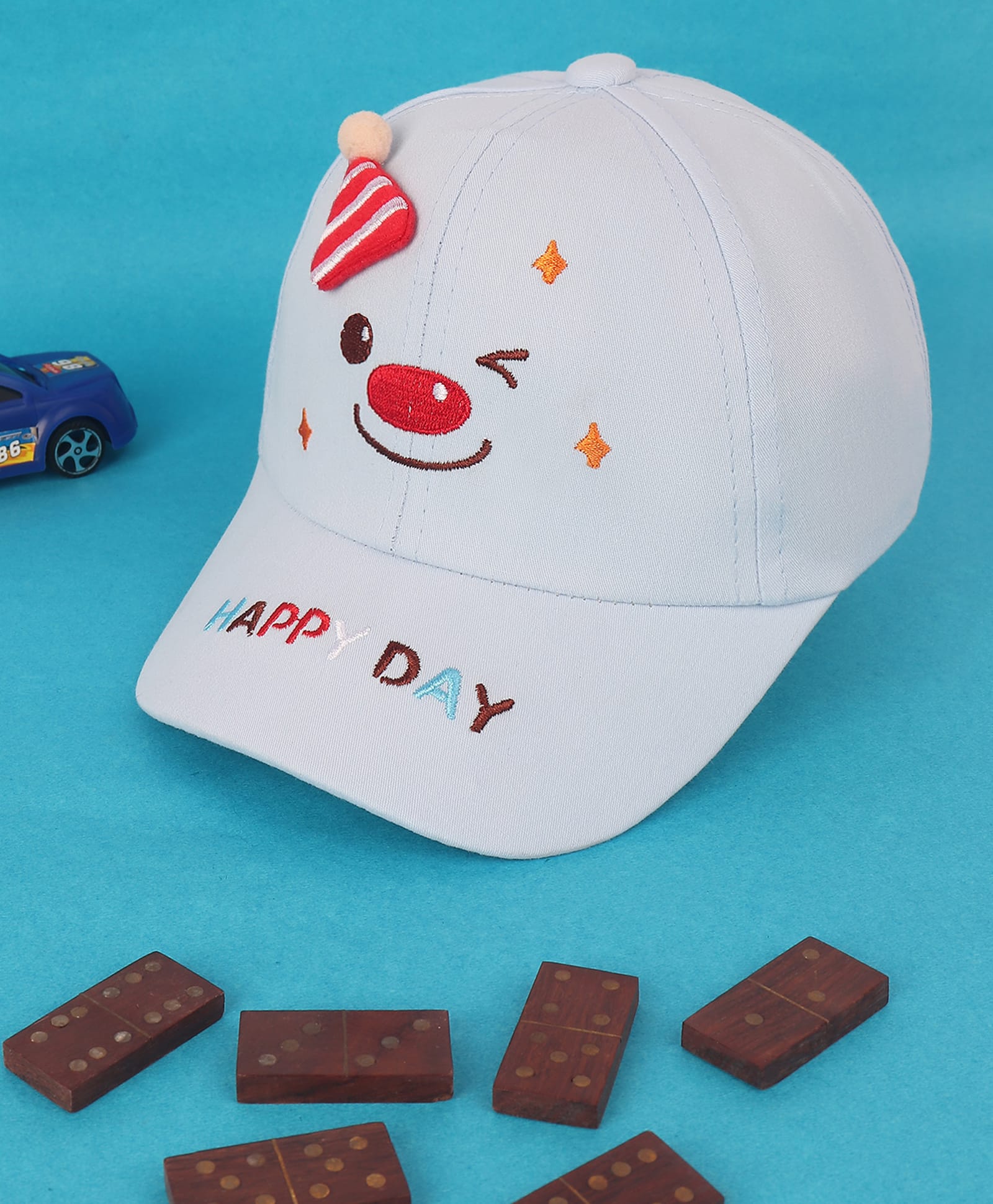 Kidofash Cotton Winky Face Embroidered Party Hat Applique Detailed Baseball Cap - Blue - Circumference - 32 Cms-image-1