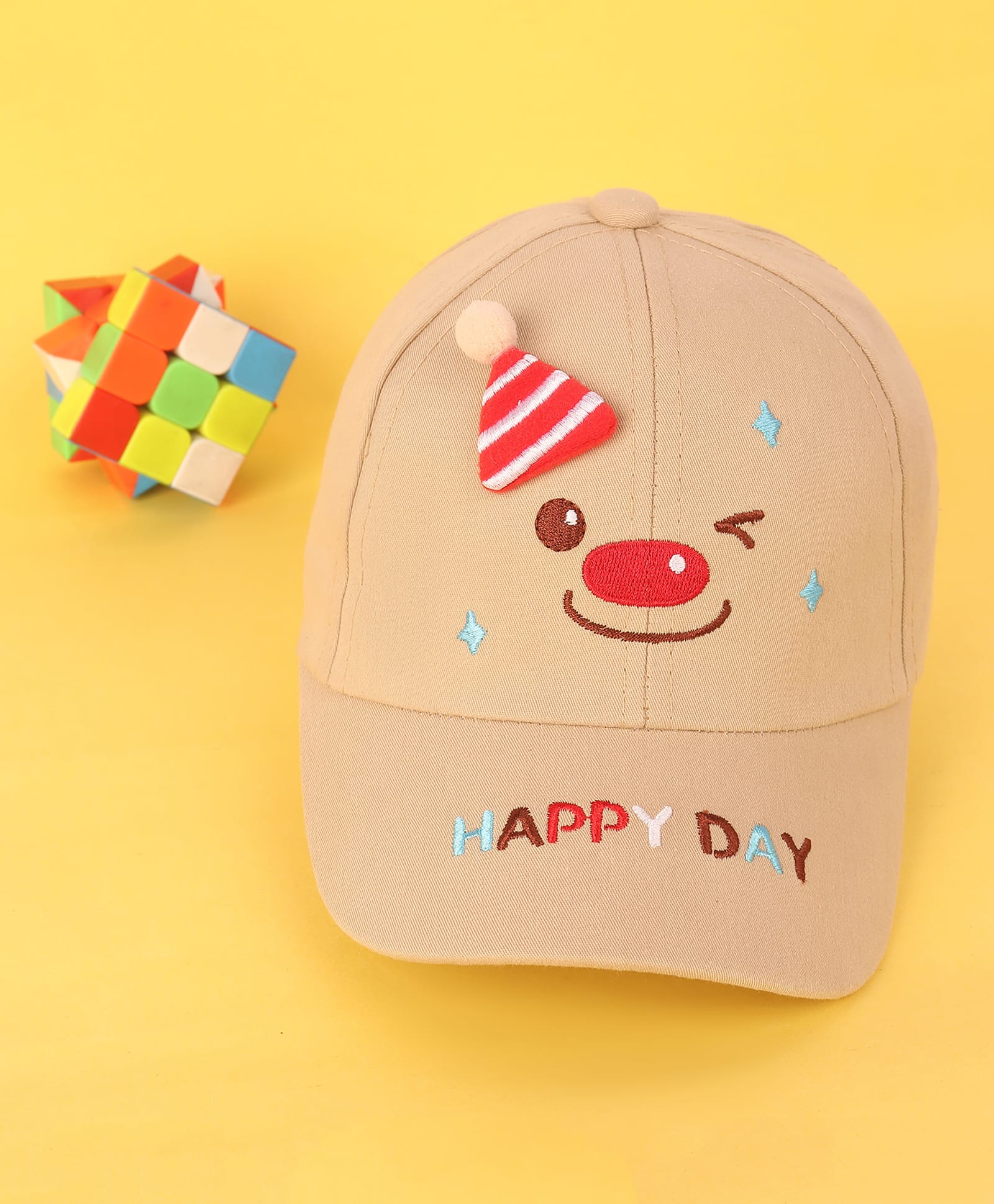 Kidofash Cotton Winky Face Embroidered Party Hat Applique Detailed Baseball Cap - Brown - Circumference - 32 Cms-picture-17