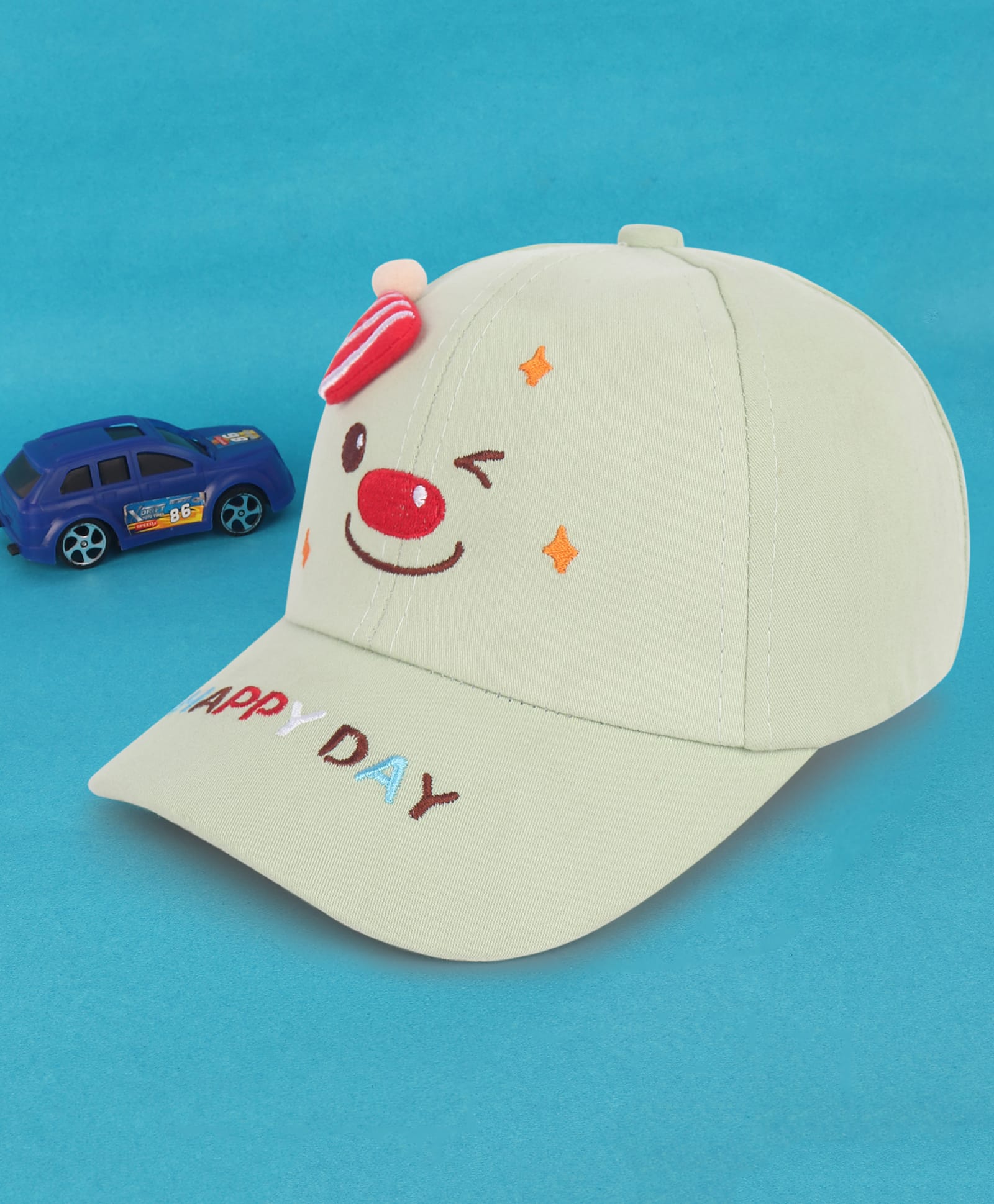 Kidofash Cotton Winky Face Embroidered Party Hat Applique Detailed Baseball Cap - Green - Circumference - 32 Cms-picture-2