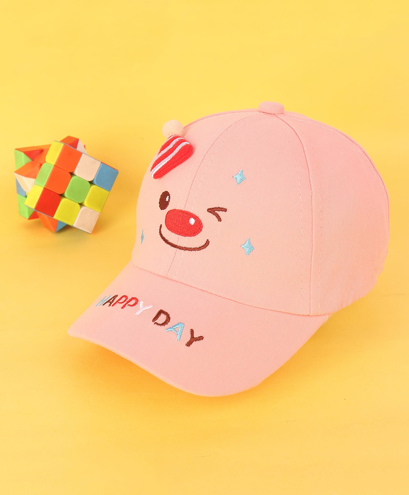 Kidofash Cotton Winky Face Embroidered Party Hat Applique Detailed Baseball Cap - Peach - Circumference - 32 Cms-picture-12