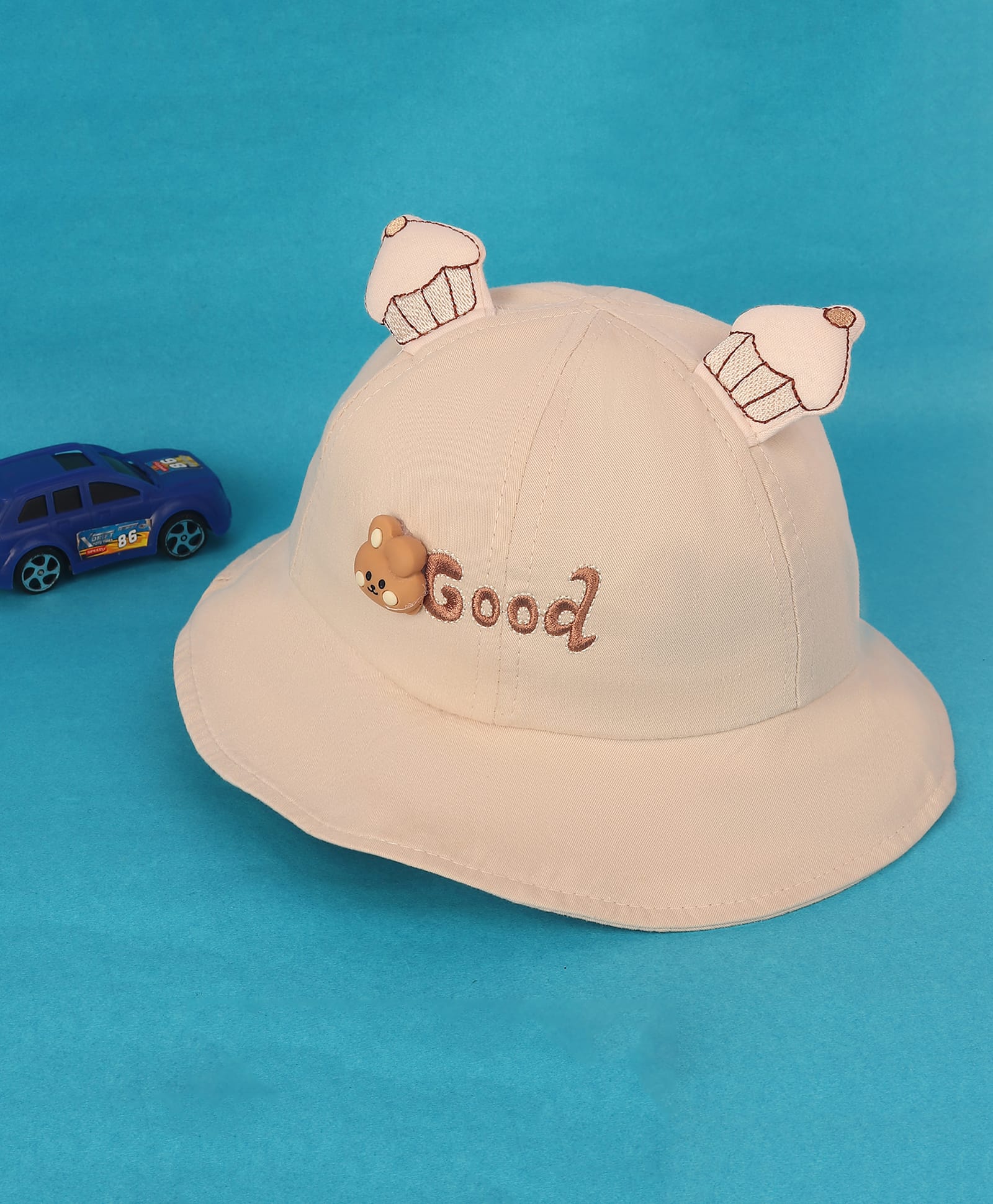 Kidofash Cotton Knit Good Text Embroidered Teddy & Cupcake Applique Detailed Hat - Beige - Circumference 36 Cms-picture-21