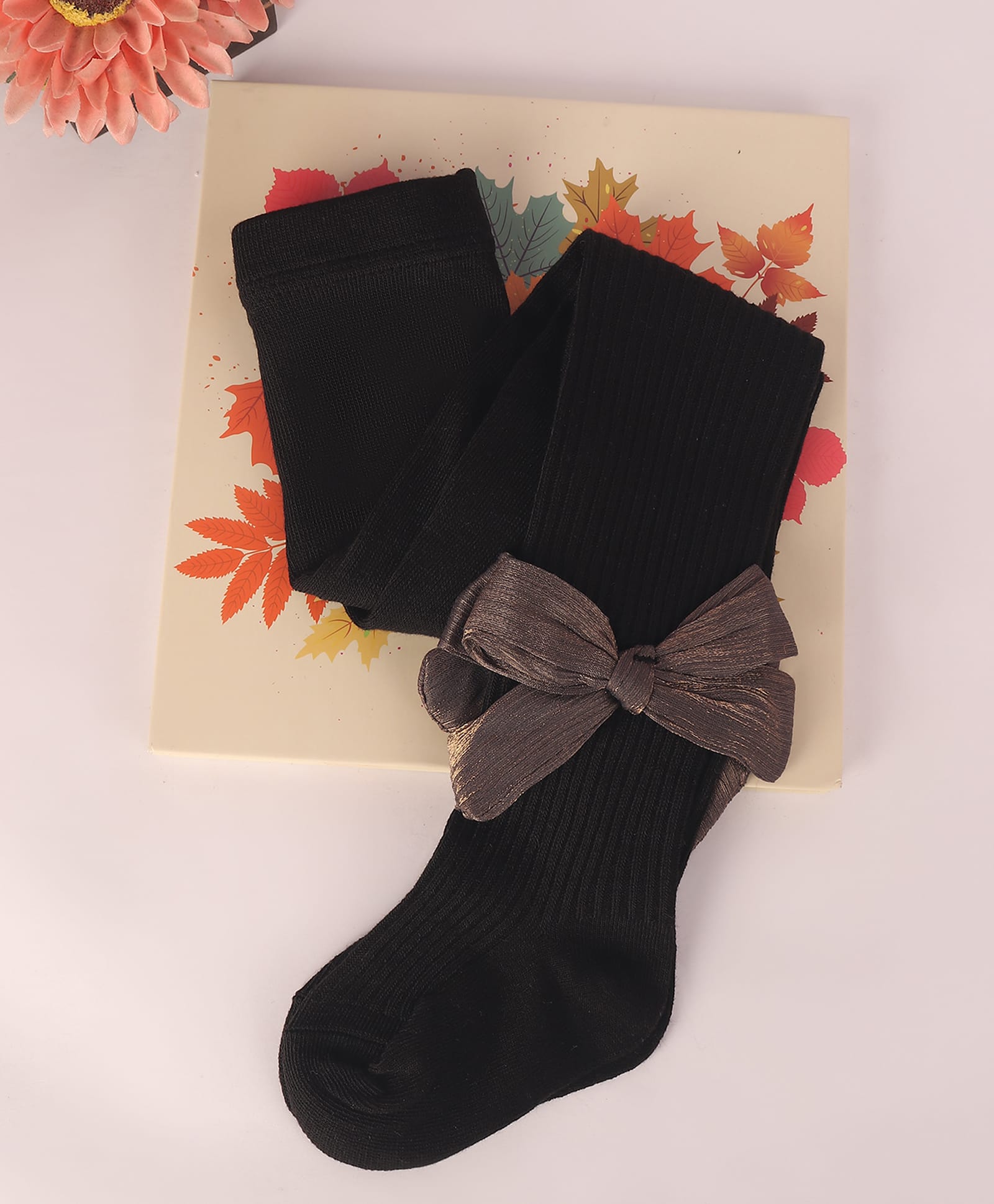 Kidofash Cotton Spandex Knit Bow Applique Detailed Textured Tights - Black-picture-26