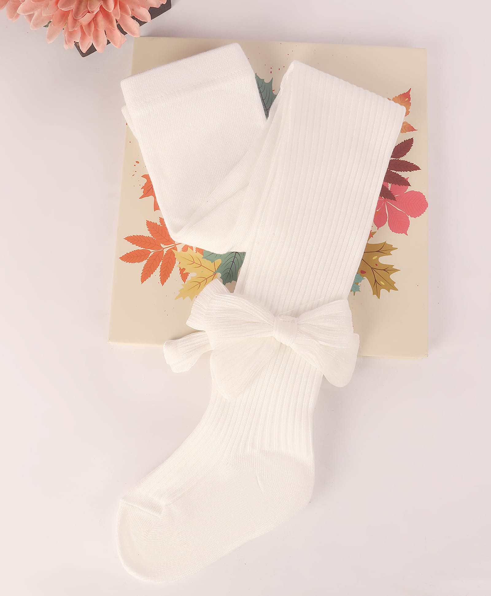 Kidofash Cotton Spandex Knit Bow Applique Detailed Textured Tights - White-picture-37