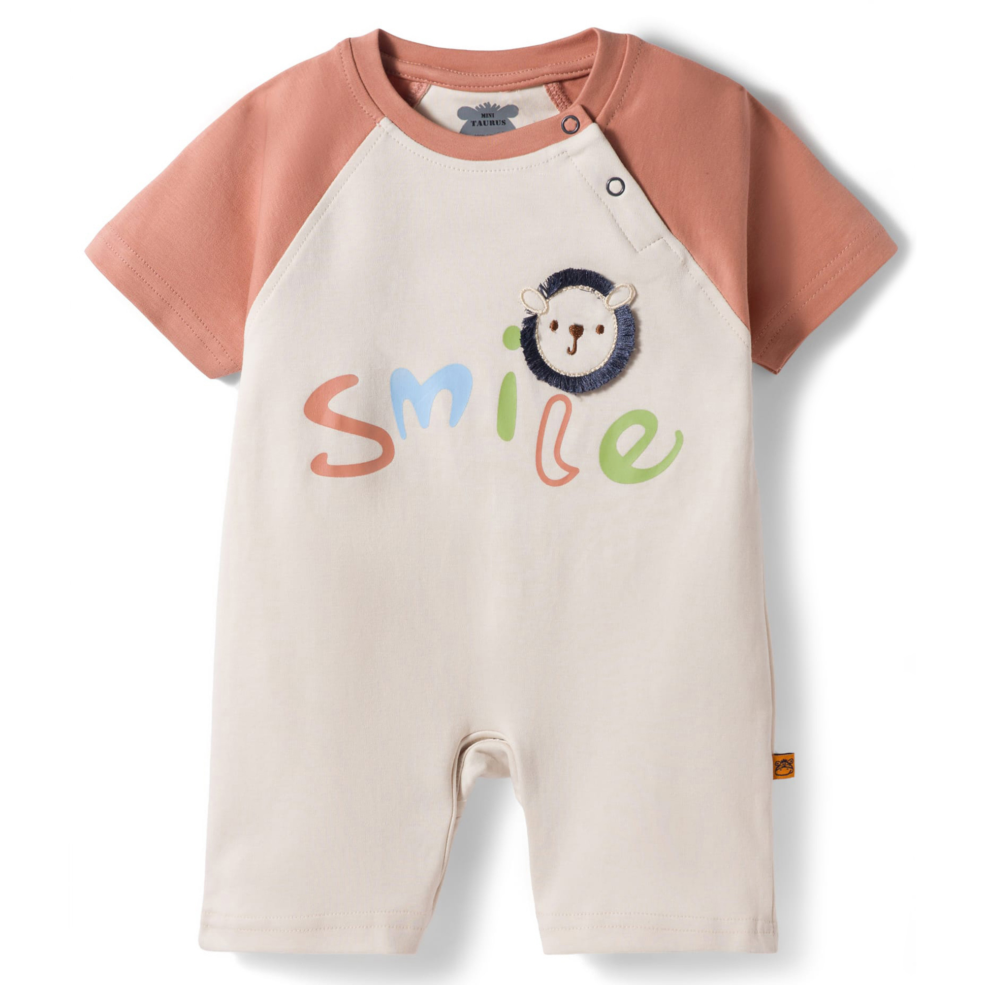 Mini Taurus Interlock Knit Half Raglan Sleeves Romper with Smile Print & Patch - Rust Orange-picture-42