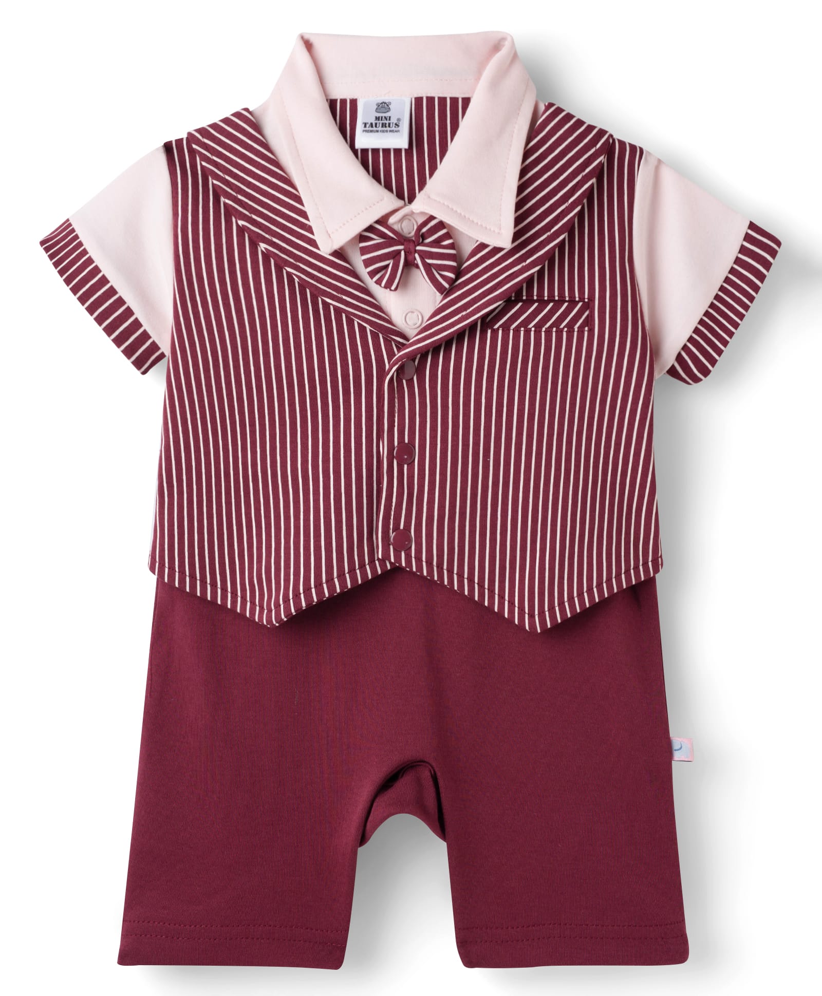 Mini Taurus 100% Cotton Knit Half Sleeves Striped Romper With Bow Detailing - Maroon-picture-20