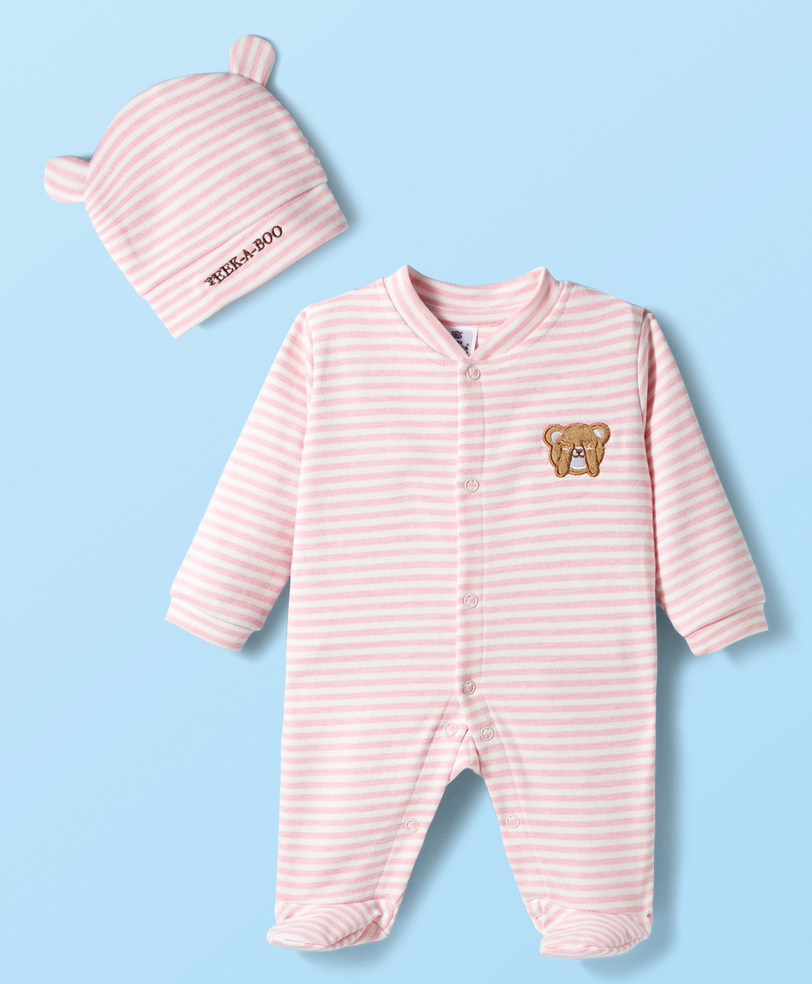 Mini Taurus Interlock Knit Full Sleeves Striped Footed Sleep Suit with Cap & Bear Patch - Pink-picture-12