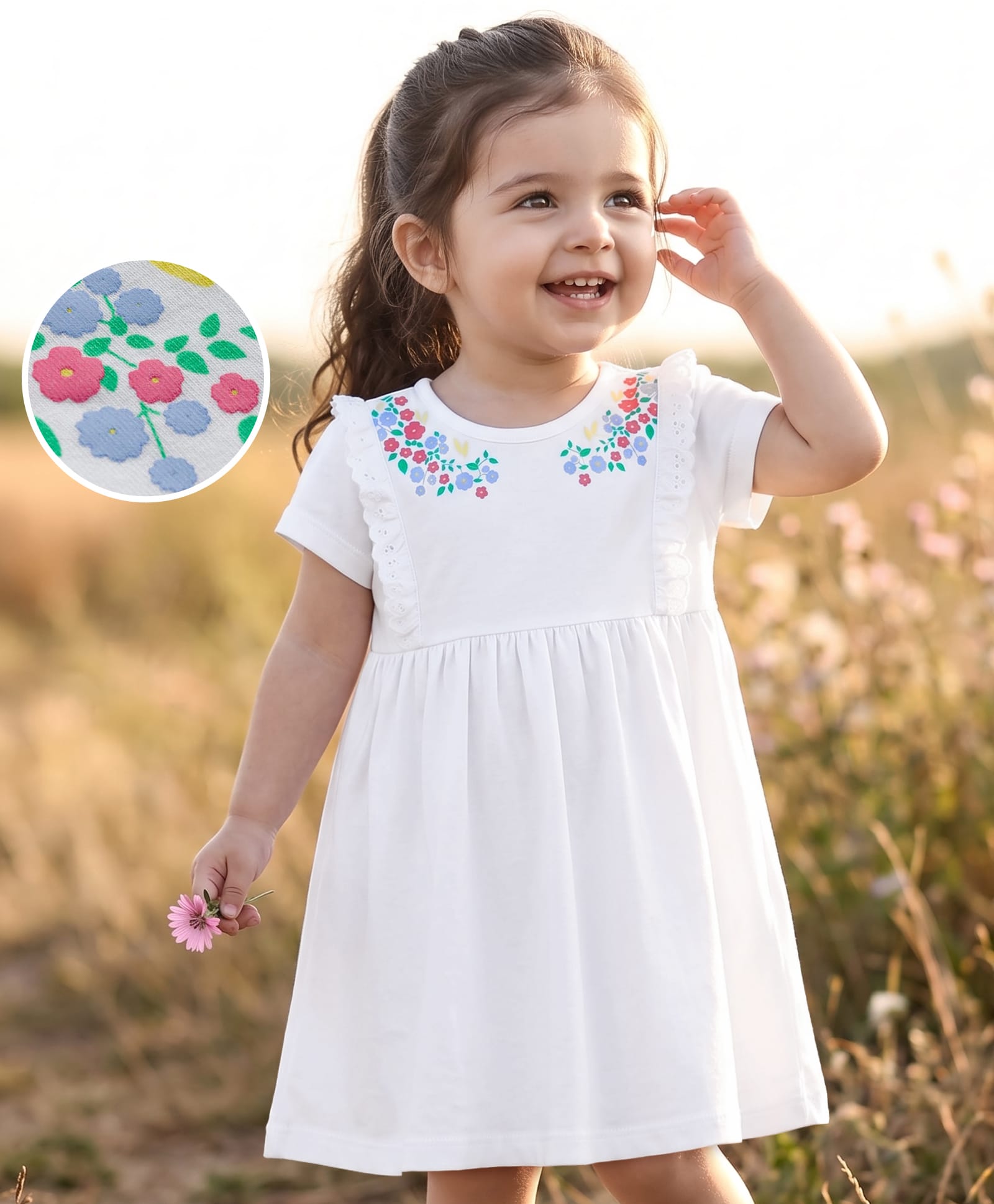 Babyhug Single Jersey Knit Half Sleeves Floral Printed Frock - White-picture-20