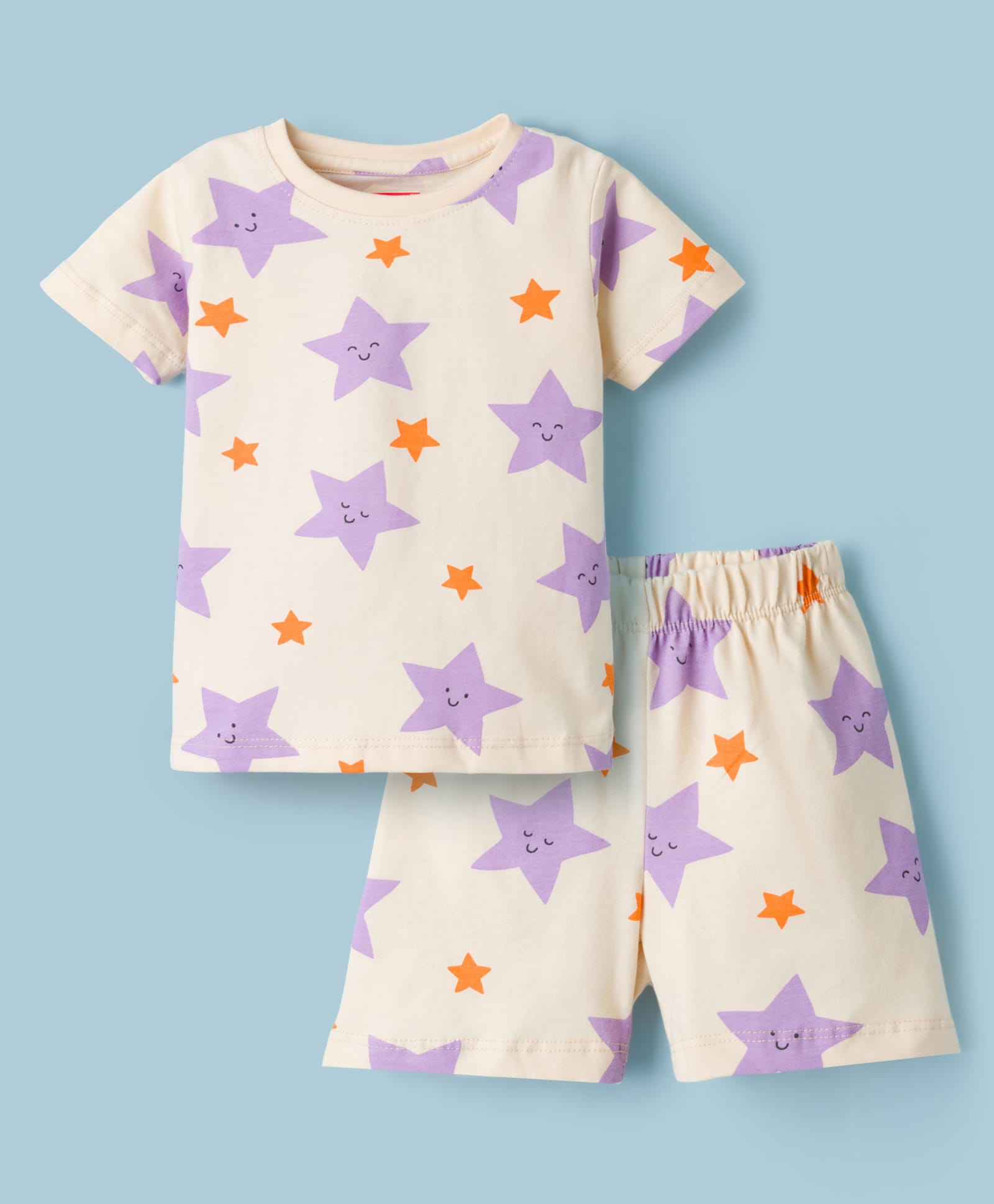 Babyhug Cotton Knit Half Sleeves T-Shirt & Shorts Co-ord Night Suit With Star Print - Lavender-image-12