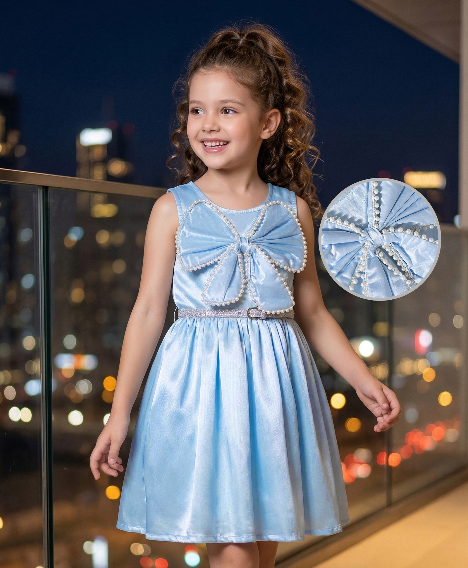 Hola Bonita Satin Woven Sleeveless Party Dress With Belt & Big Bow with Pearls - Blue-image-24