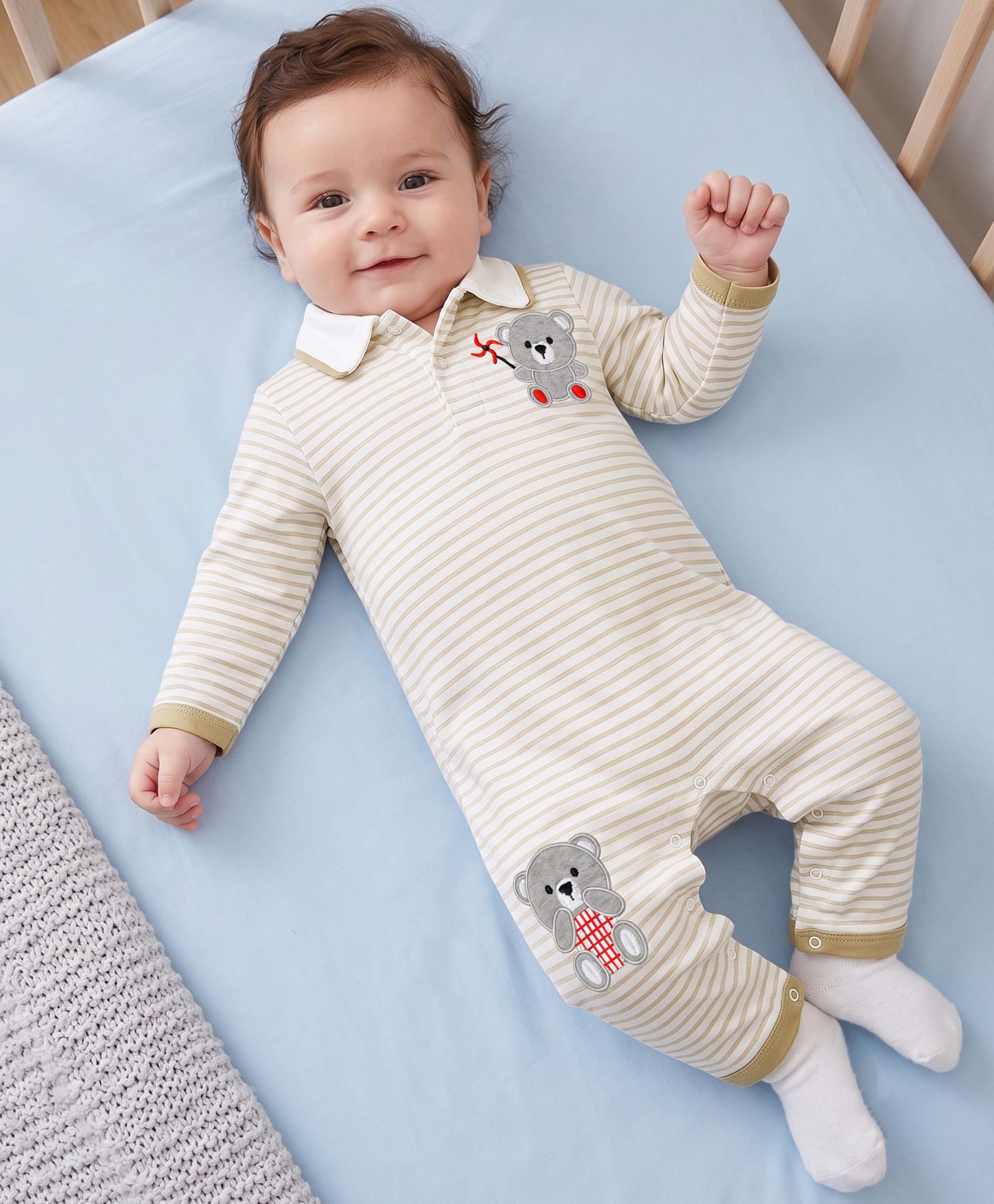 Kookie Kids 100% Cotton Knit Full Sleeves Striped Bear Embroidered Romper - White-image-32