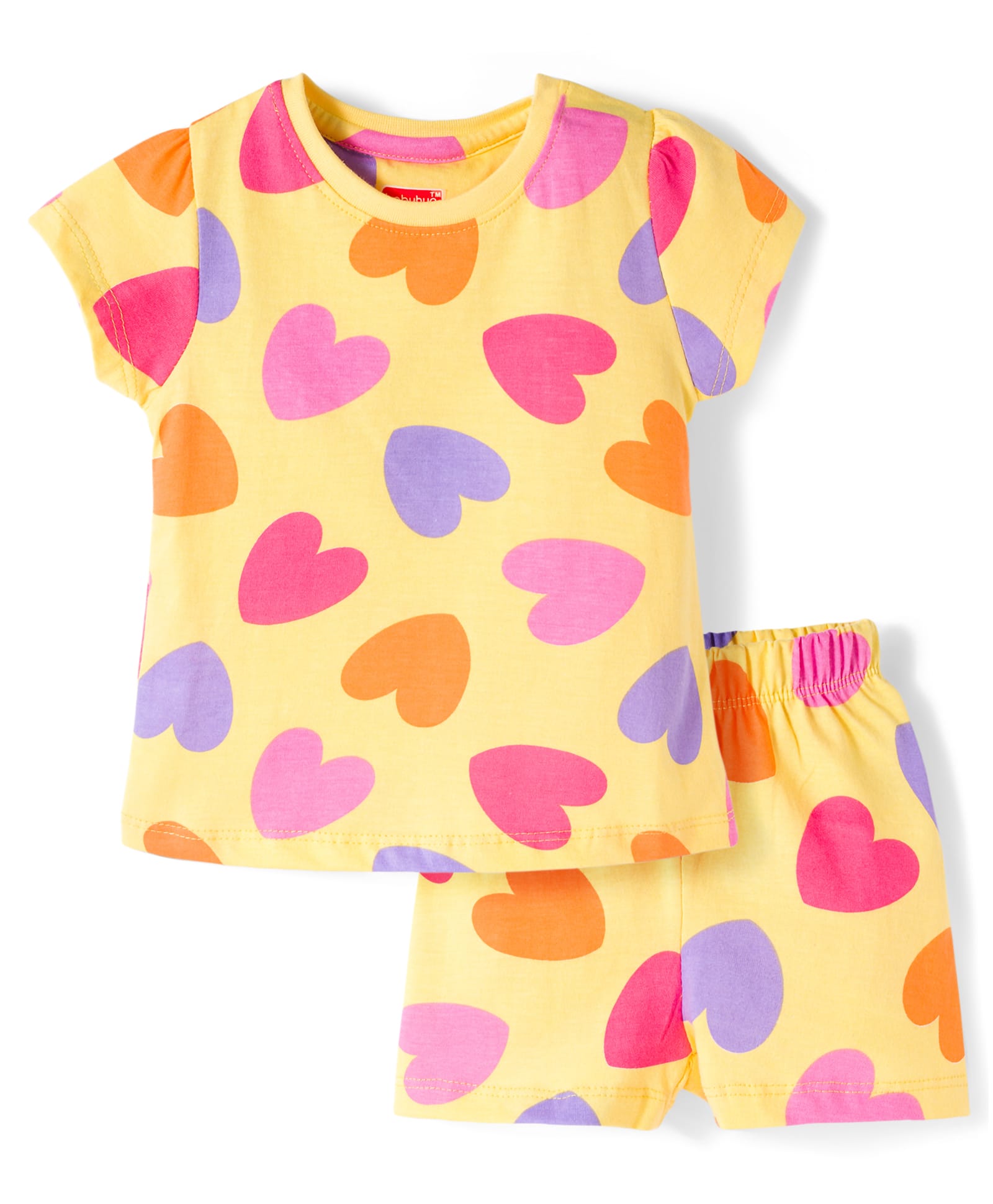Babyhug Cotton Knit Half Sleeves T-Shirt & Shorts Co-ord Night Suit with Heart Print - Yellow-image-34