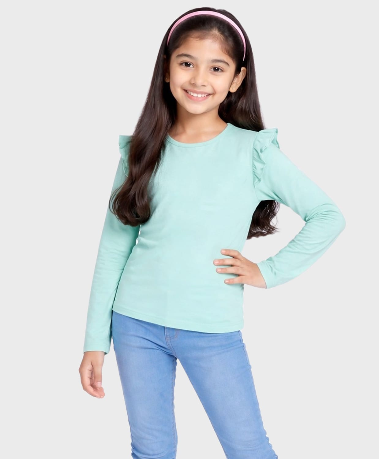 Charm n Cherish Cotton Knit Full Sleeves Solid Tee - Aqua-image-3