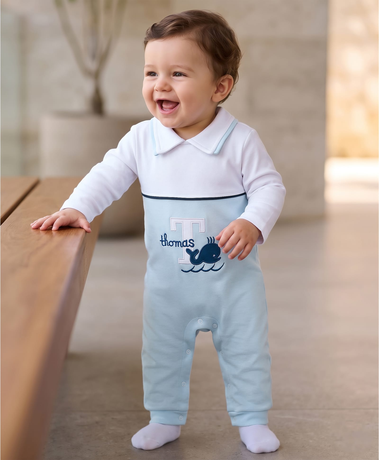 kookie kids india Kookie Kids Interlock Knit Full Sleeves Cut & Sew Romper with Whale Print - Light Blue-picture-23