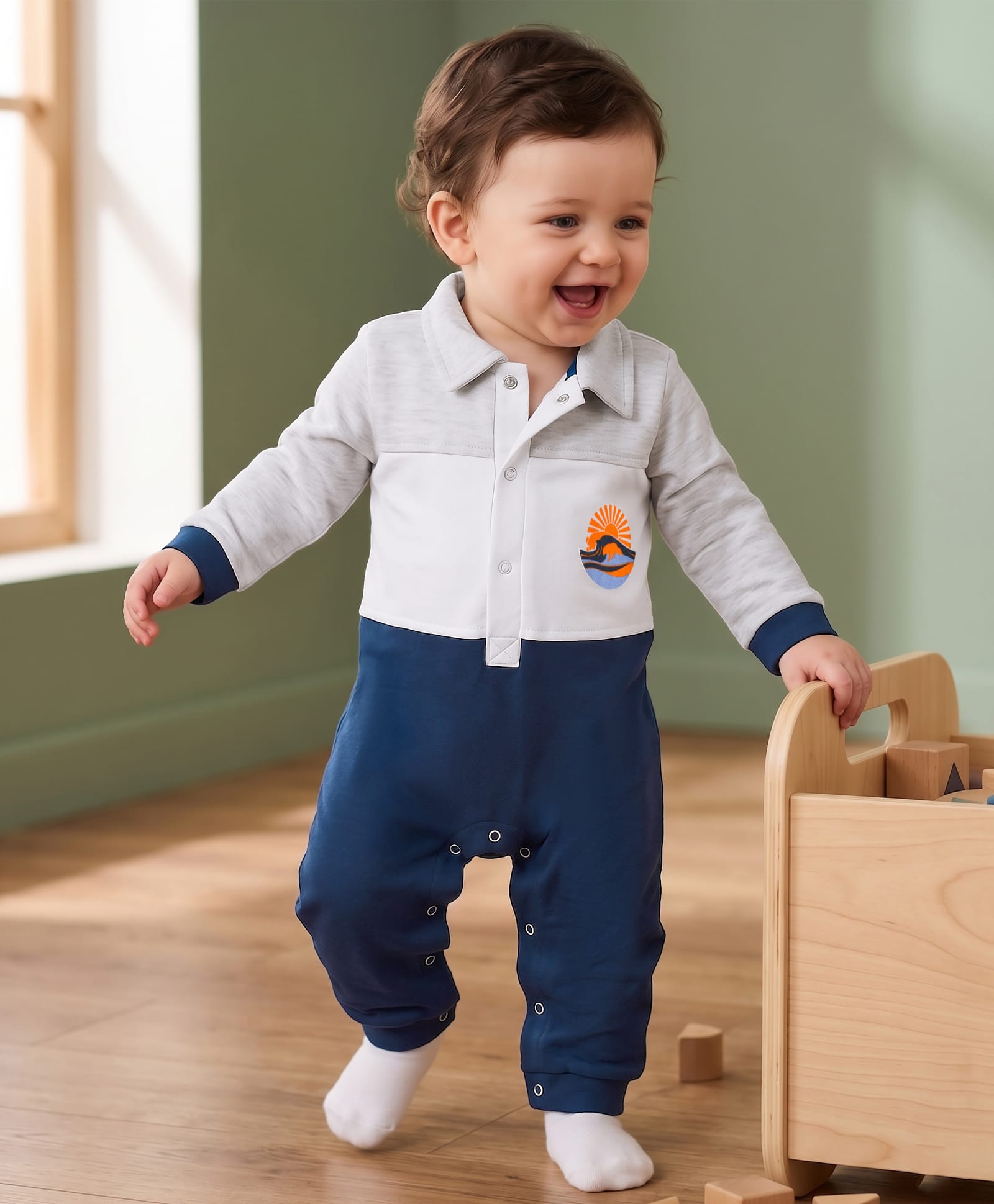 Kookie Kids Interlock Knit Full Sleeves Cut & Sew Romper with Sun Print - Grey & Navy Blue-image-5