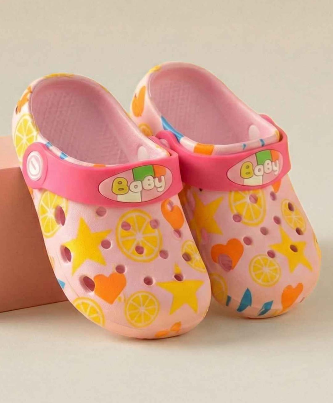Yellow Bee Stars & Hearts Printed Perforated Slingback Clogs - Pink & Yellow