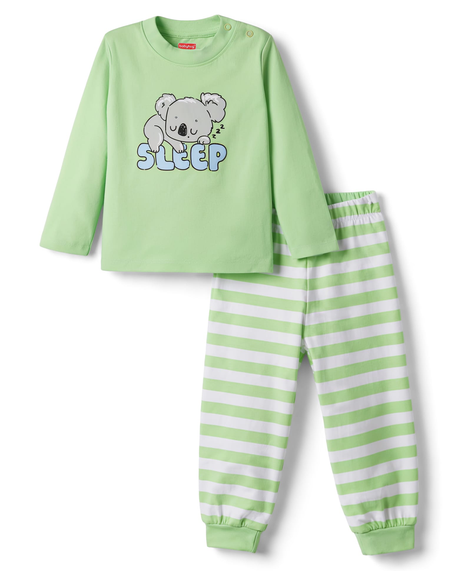 Babyhug Cotton Knit Full Sleeves T-Shirt & Striped Pyjama Night-Suit With Sleep & Koala Print - Green-image-11