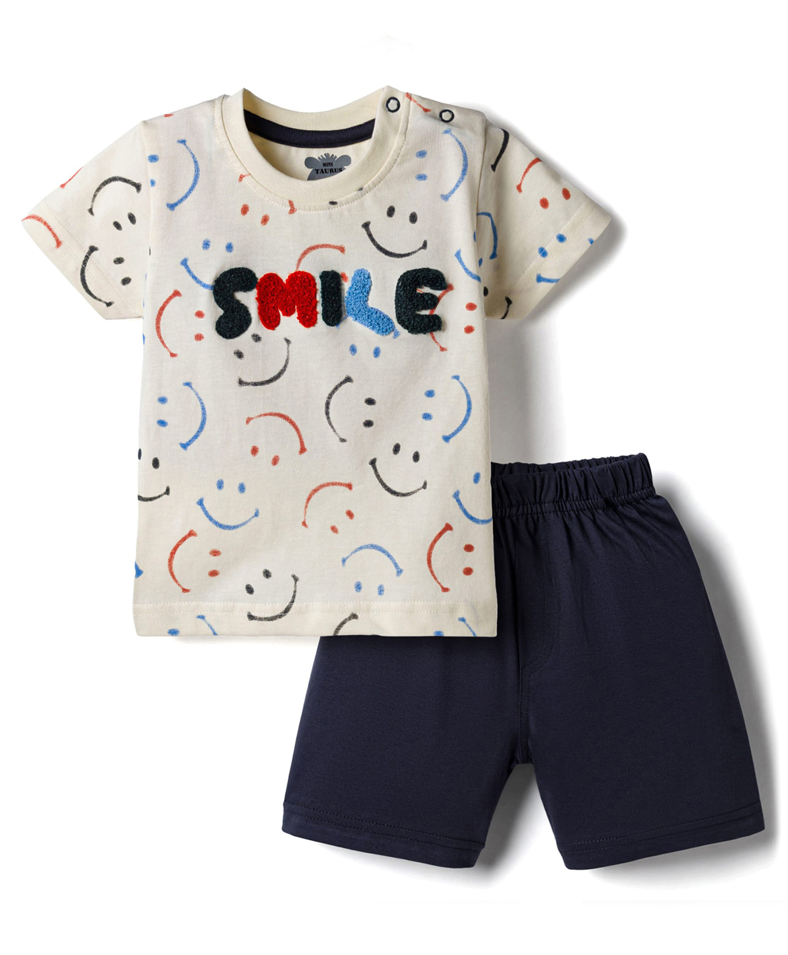 Mini Taurus Interlock Knit Half Sleeves T-Shirt & Shorts Night Suit With Smiley Print - Mint Green-image-39