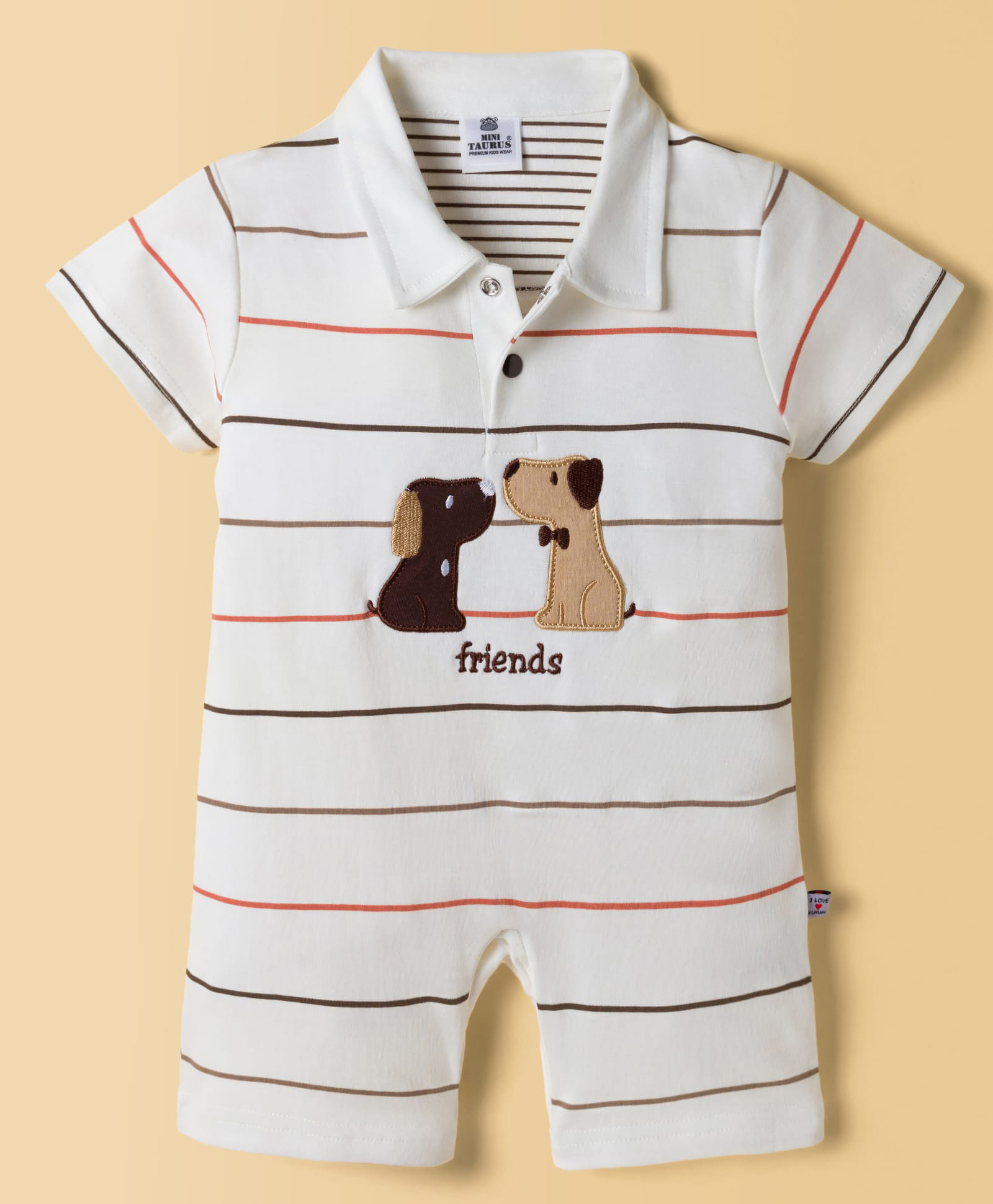 Mini Taurus Interlock Knit Half Sleeves Striped Romper with Puppy Embroidery - Brown-picture-35