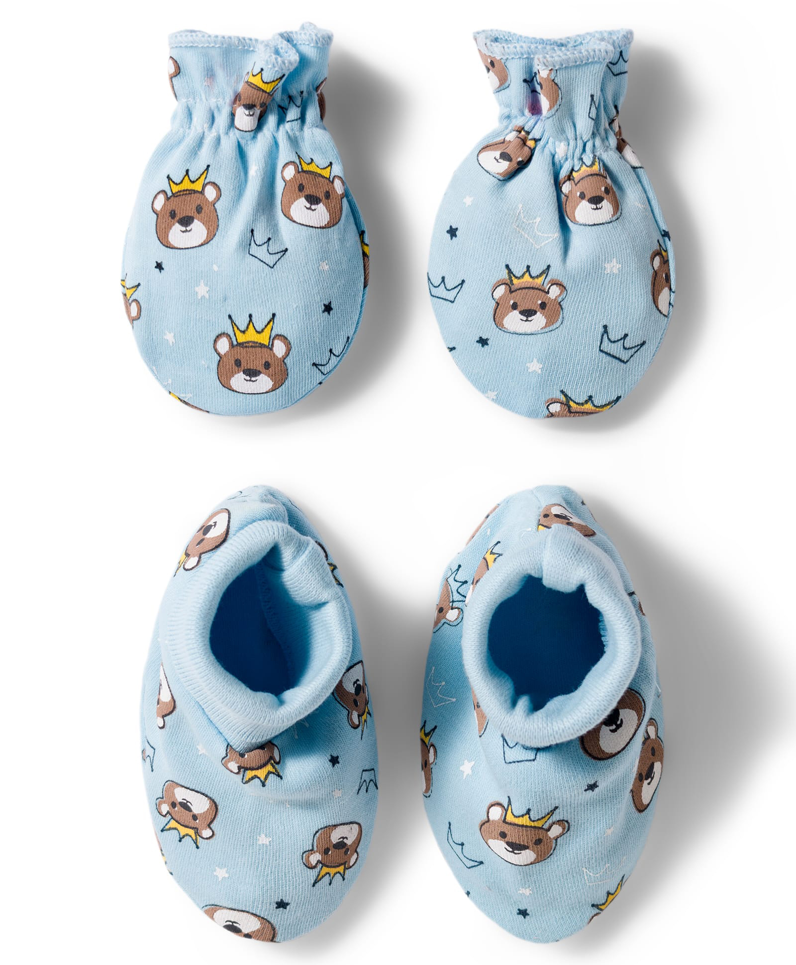 Babyhug 100% Cotton Knit Mittens & Booties Set with Bear Print - Light Blue-picture-20