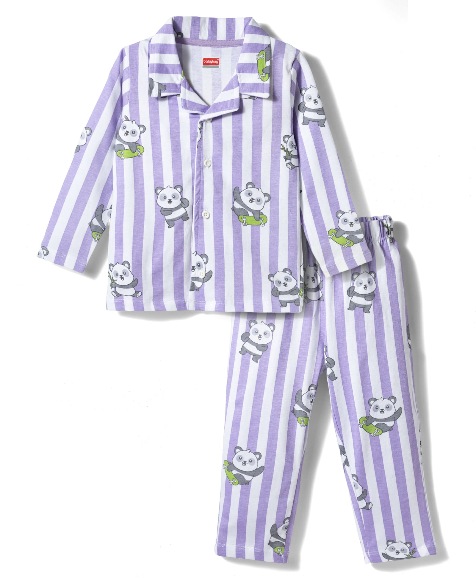 Babyhug Cotton Knit Full Sleeves Shirt & Pyjama Co-ord Night Suit With Panda Print - Lavender-image-38