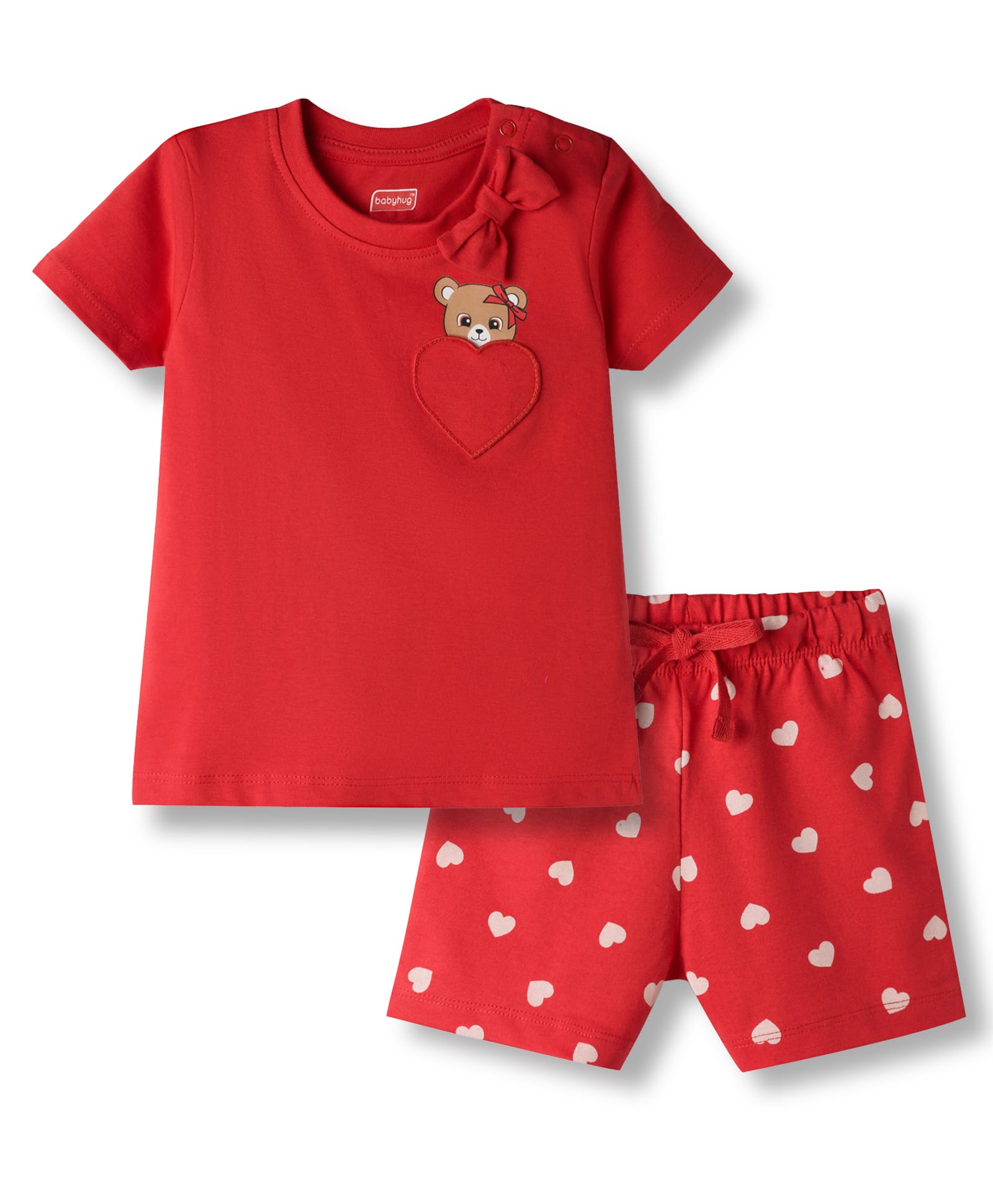 Babyhug Cotton Knit Half Sleeves Hearts Printed T-Shirt & Shorts Night Suit - Red-image-27
