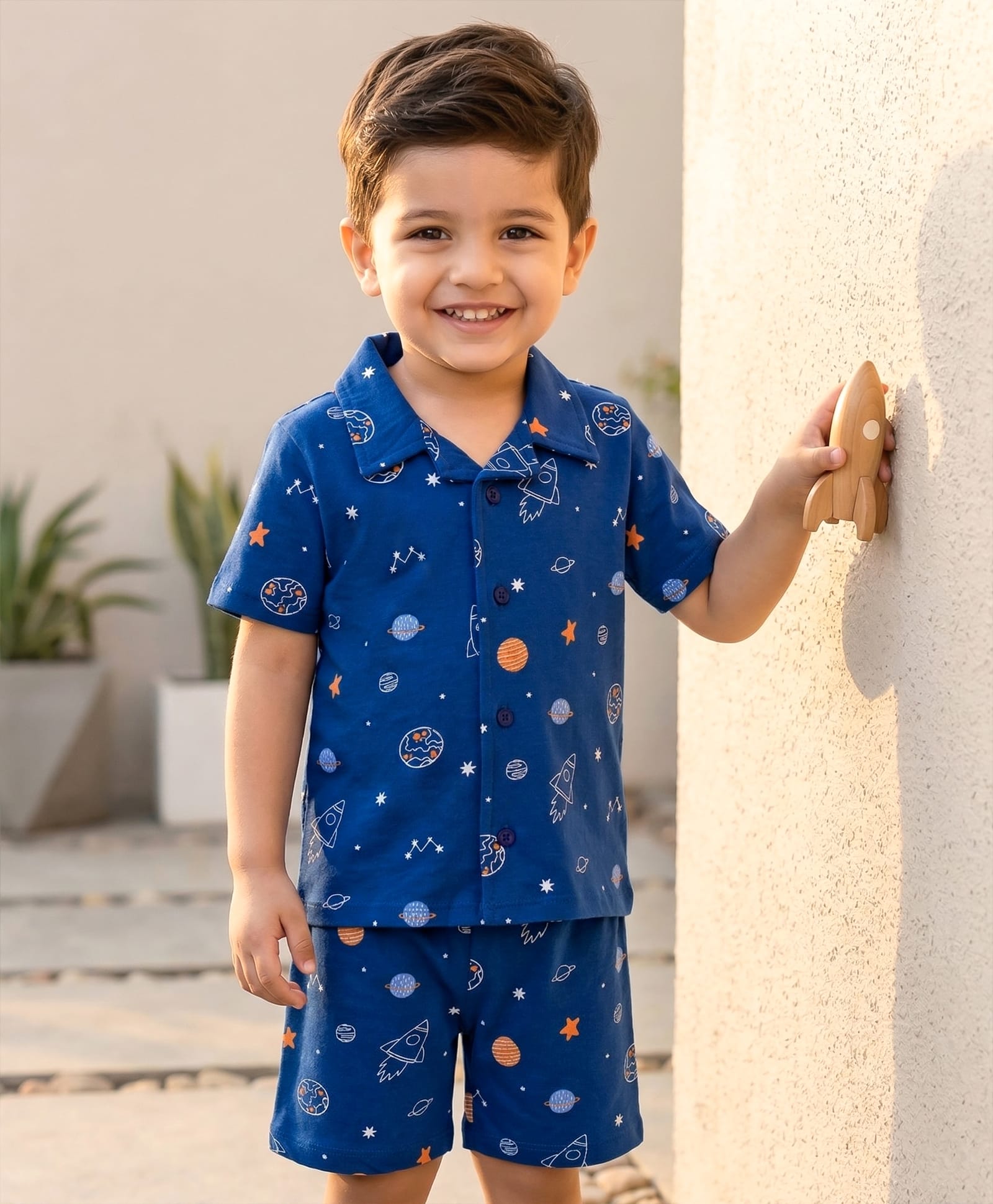 Babyhug Cotton Knit Half Sleeves Co-Ord Shirt & Short Night-Suit With Space Theme - Navy Blue-image-5