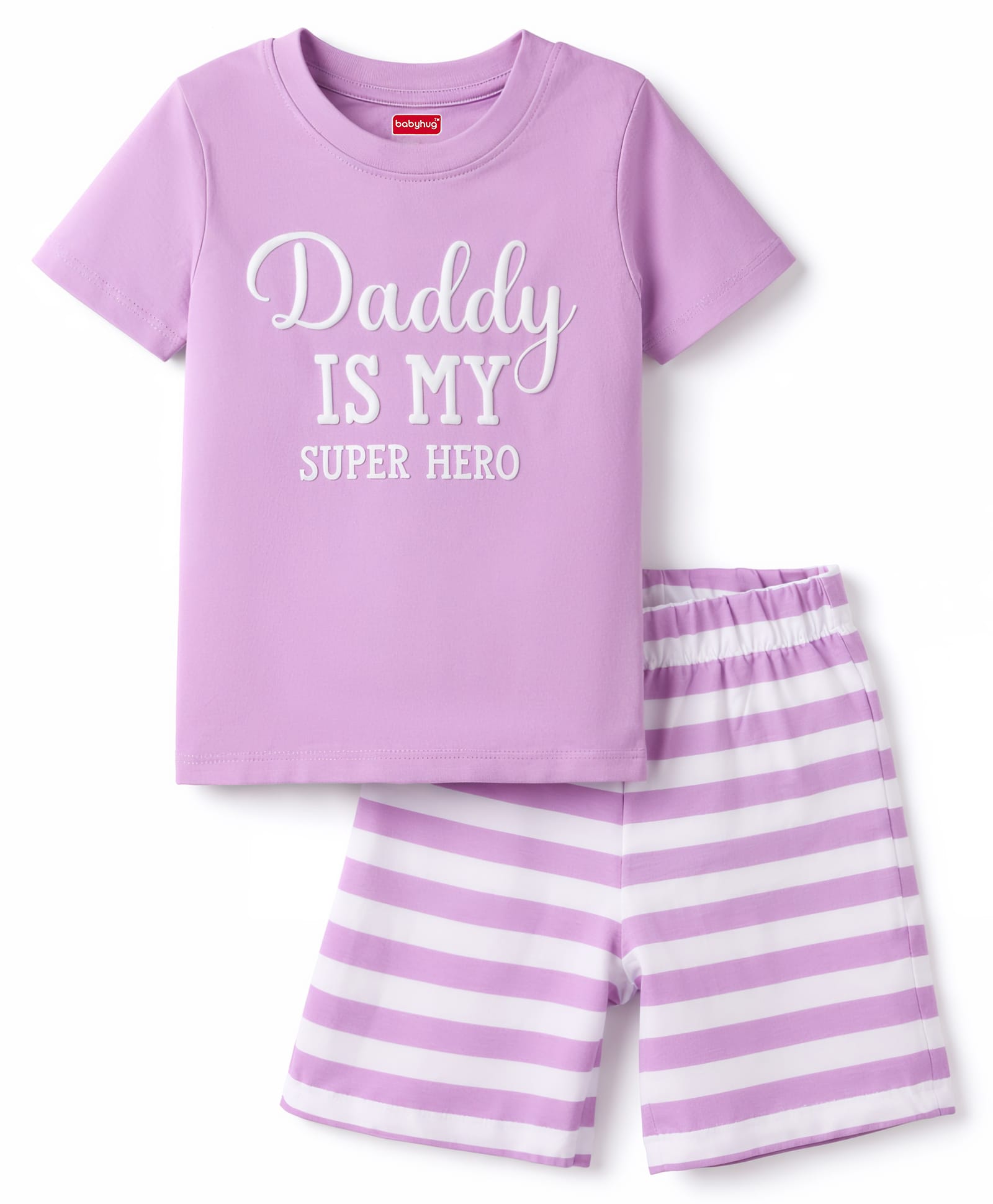 Babyhug Cotton Knit Half Sleeves Text Printed & Striped T-Shirt & Shorts Night Suit - Lavender-image-49